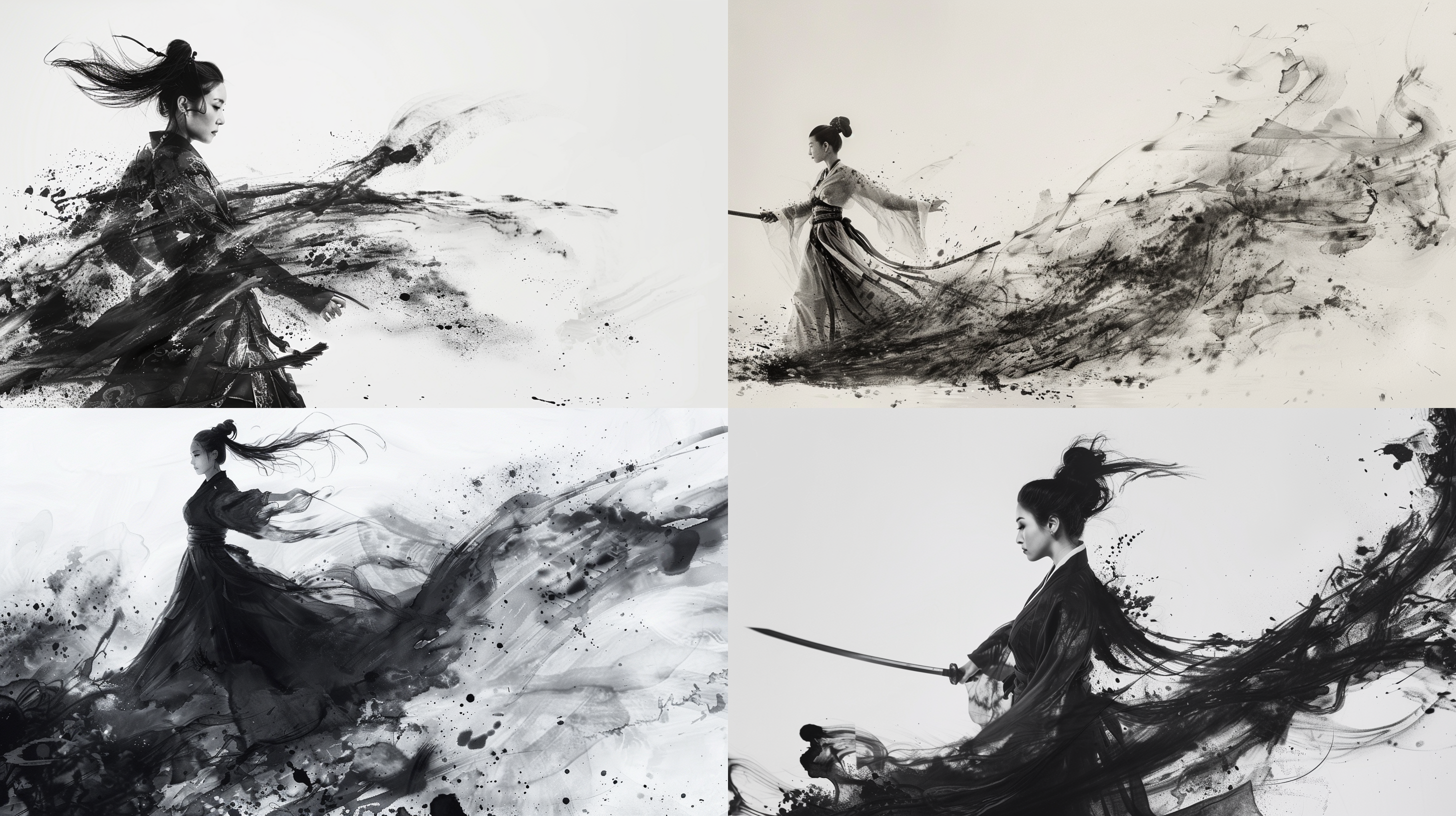 美女排山倒海施展功法，手持武器，身姿肌肉线条分明。穿着中国传统服装，侧面身影独奏，背景简洁白色。水墨画风格，墨水浮动，黑白构图，光影投射，抽象彩虹色渲染，喷漆风格，多层次构图，模糊效果，艺术摄影，梦幻氛围。