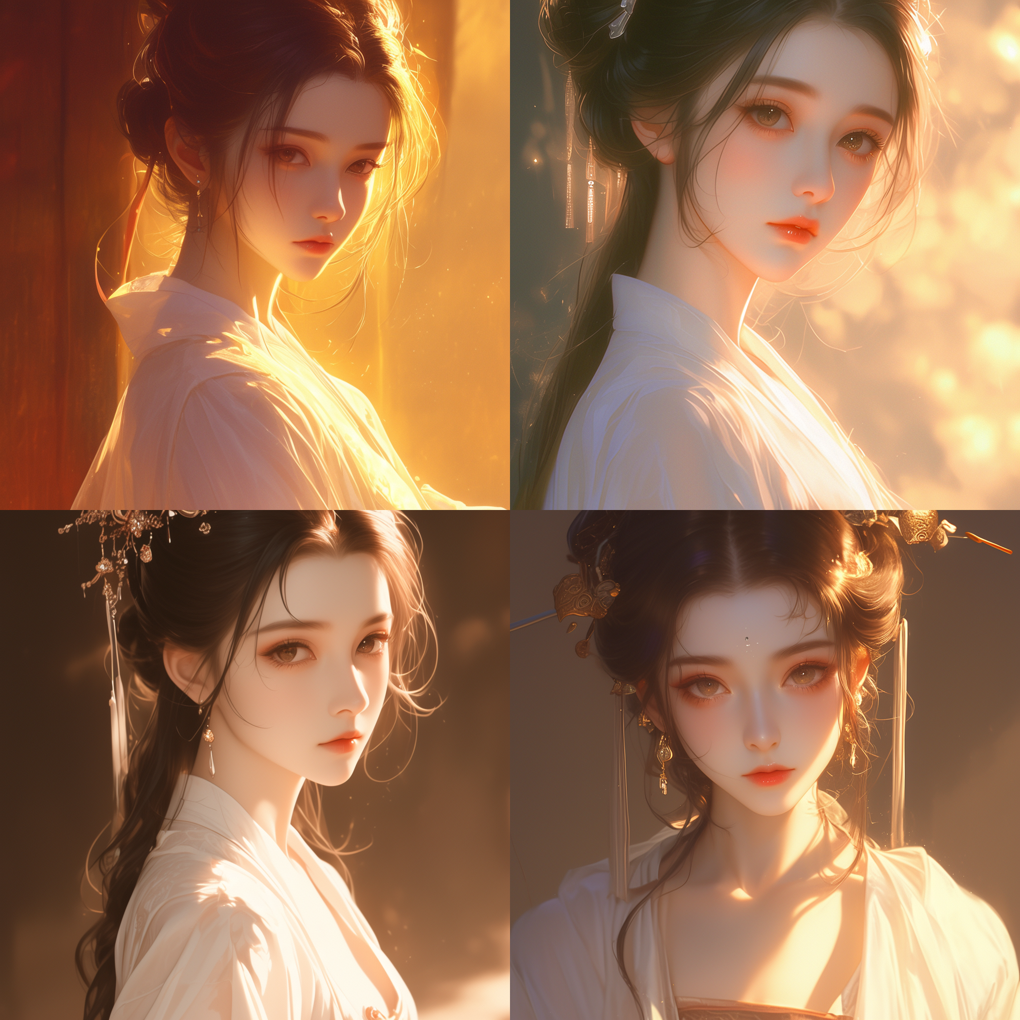 二十岁中国古代女孩，白色汉服，精致面容，明亮眼睛，华丽头饰，柔弱楚楚，客栈背景，长焦镜头，写实描绘，高清16k，肖像，明亮色调，细节丰富，侧光，高对比度，柔光，古典美，静谧氛围。