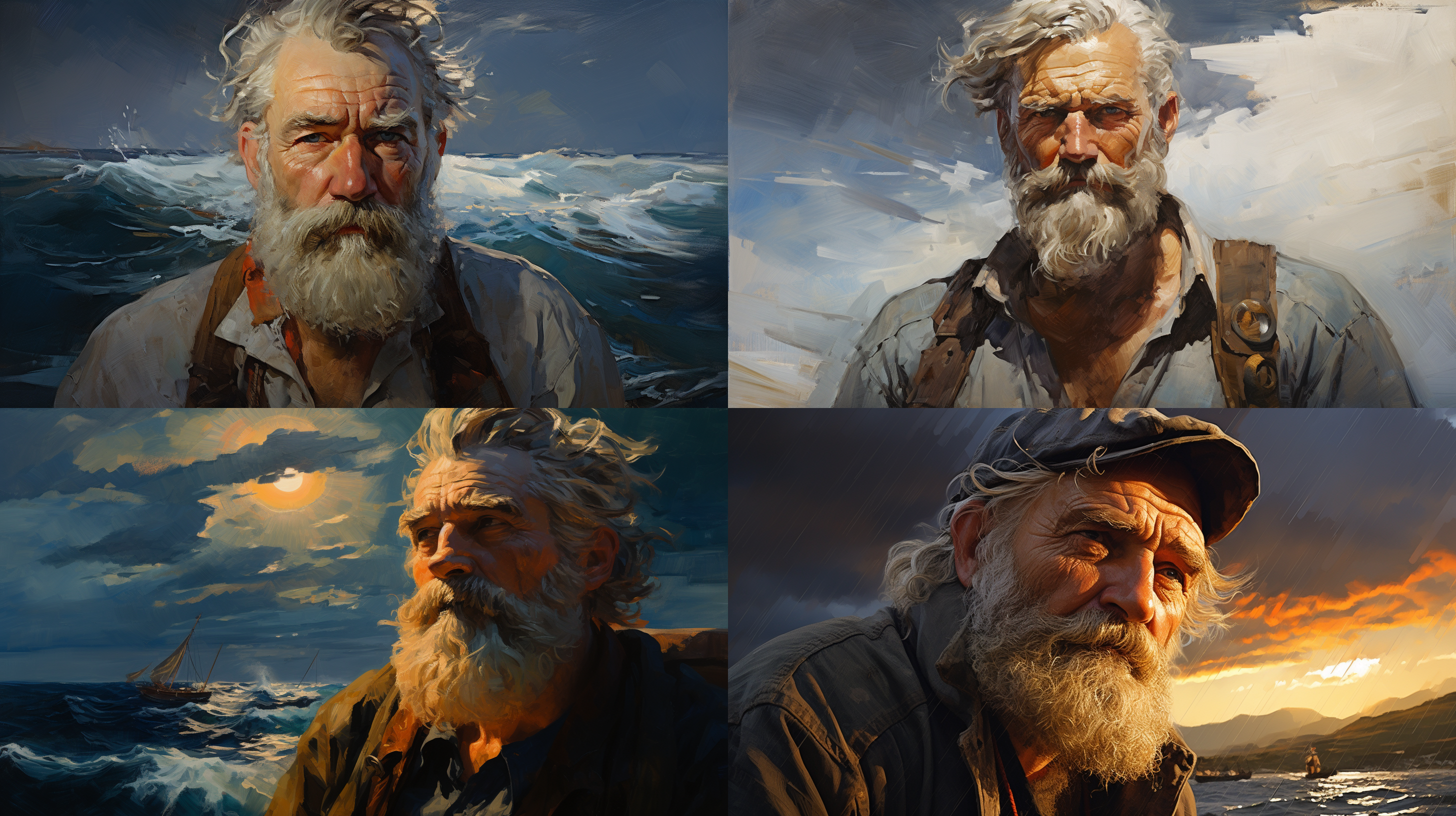 请根据作家海明威小说《老人与海》的有关精彩内容和故事情节构思绘画，油画精品，构图艺术性强，想象力强，画面契合小说内容，细节丰富，人物表情真实自然，色彩厚重明亮，电影光，明暗，超广角画面，场景和小说描写的一样。印象派风格，8k，大师作品，保罗·塞尚和彼得·埃尔森，汤姆·汉米克风格，8k