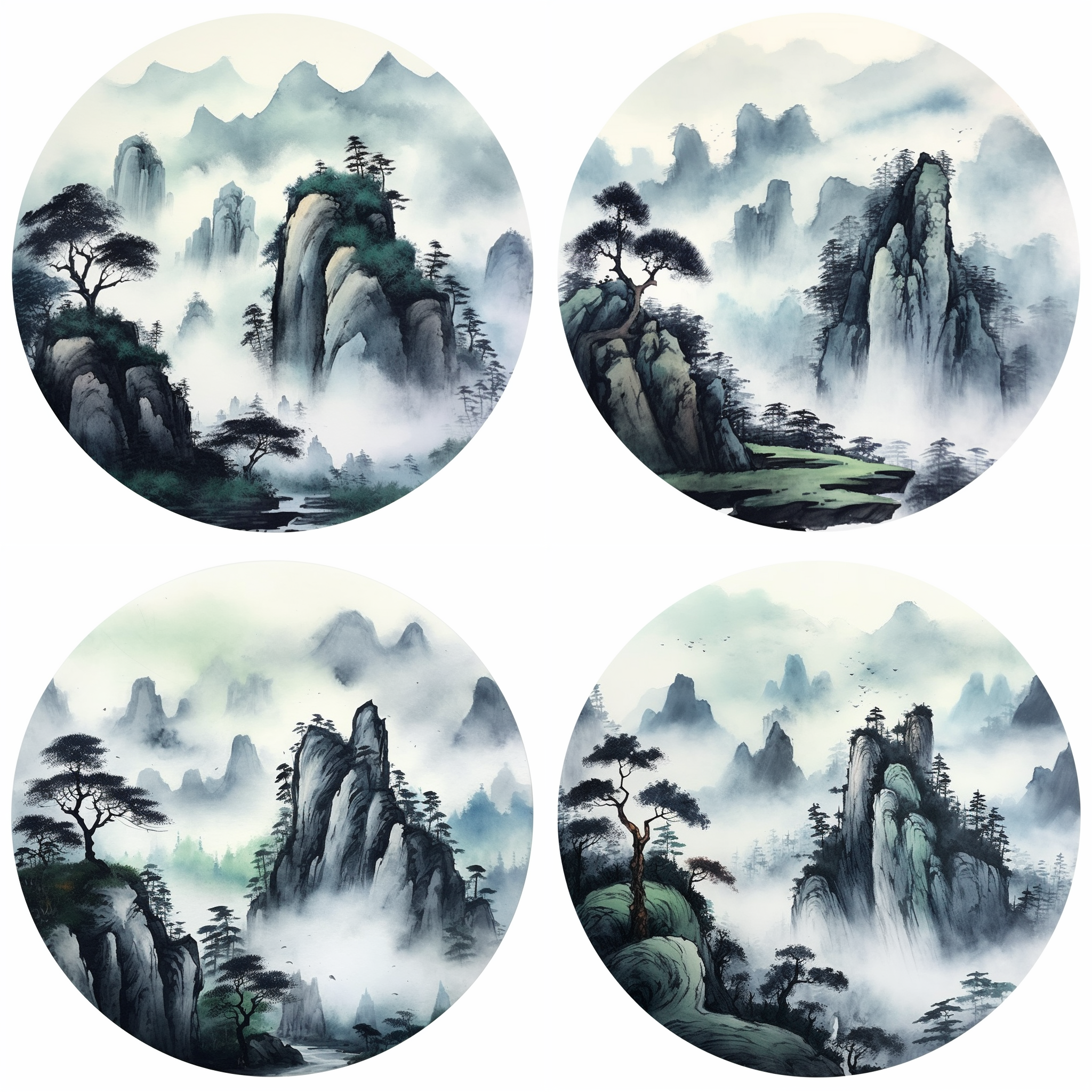 请画一幅精细山水图画，水墨画，构图艺术性强，抽象艺术，想象力丰富，细节刻画，精细，色彩厚重明亮，电影光，明暗，超广角画面。印象派风格，8k，大师作品，保罗·塞尚和彼得·埃尔森，汤姆·汉米克风格，8k