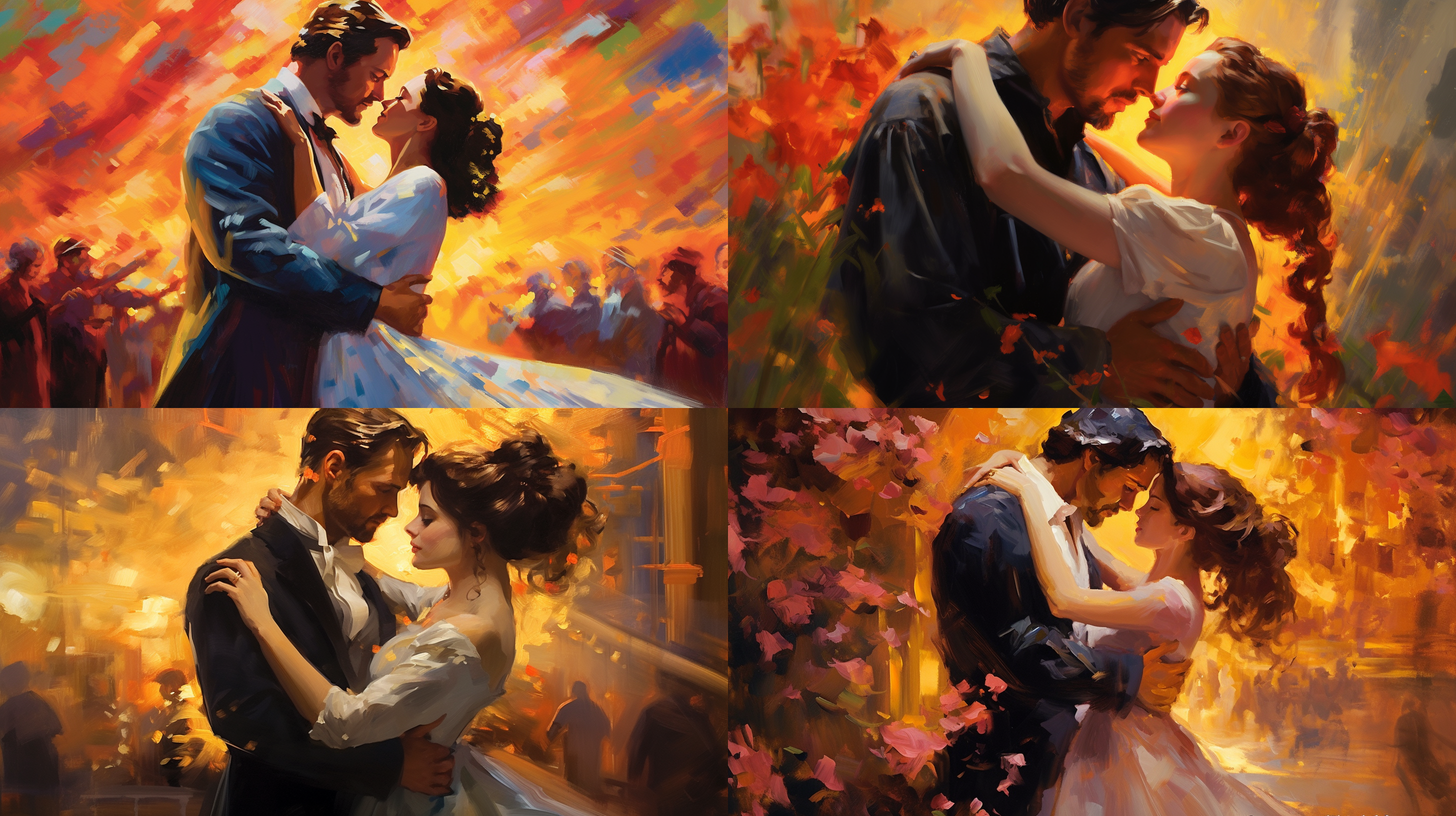 请根据美国作家玛格丽特·米切尔的小说《飘》的有关精彩内容和情节，画系列优美图画，油画精品，构图艺术性强，画面契合小说内容，细节丰富，色彩厚重明亮，电影光，明暗，超广角画面，反映当时主人公的爱情生活和社会生活风情变化，具有浓厚的史诗风格。8k，大师作品，保罗·塞尚和彼得·埃尔森，汤姆·汉米克风格