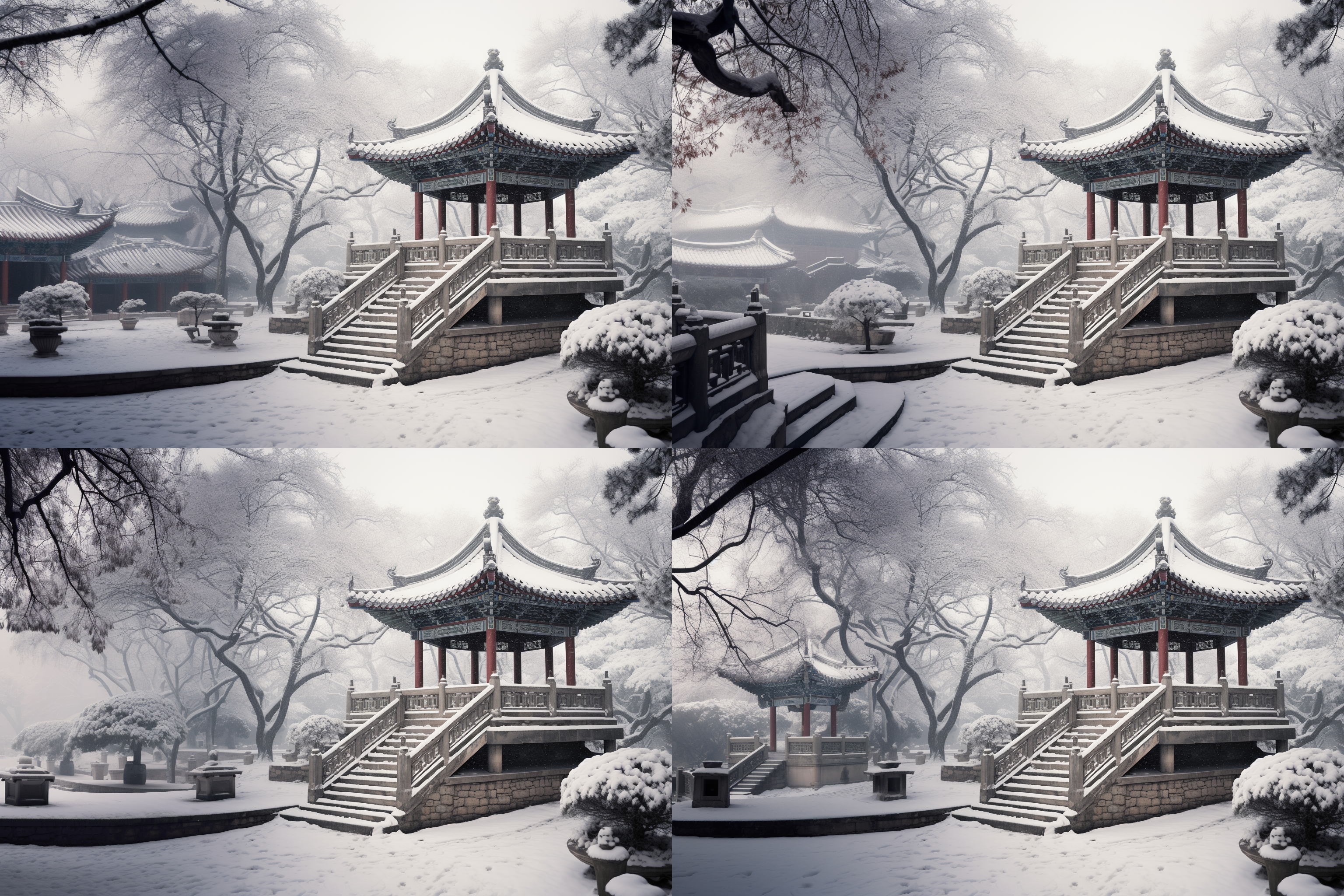 古朴亭子，中式院子，雪景，大场景，对角线布局，柔和色调，长焦镜头，静态，安详