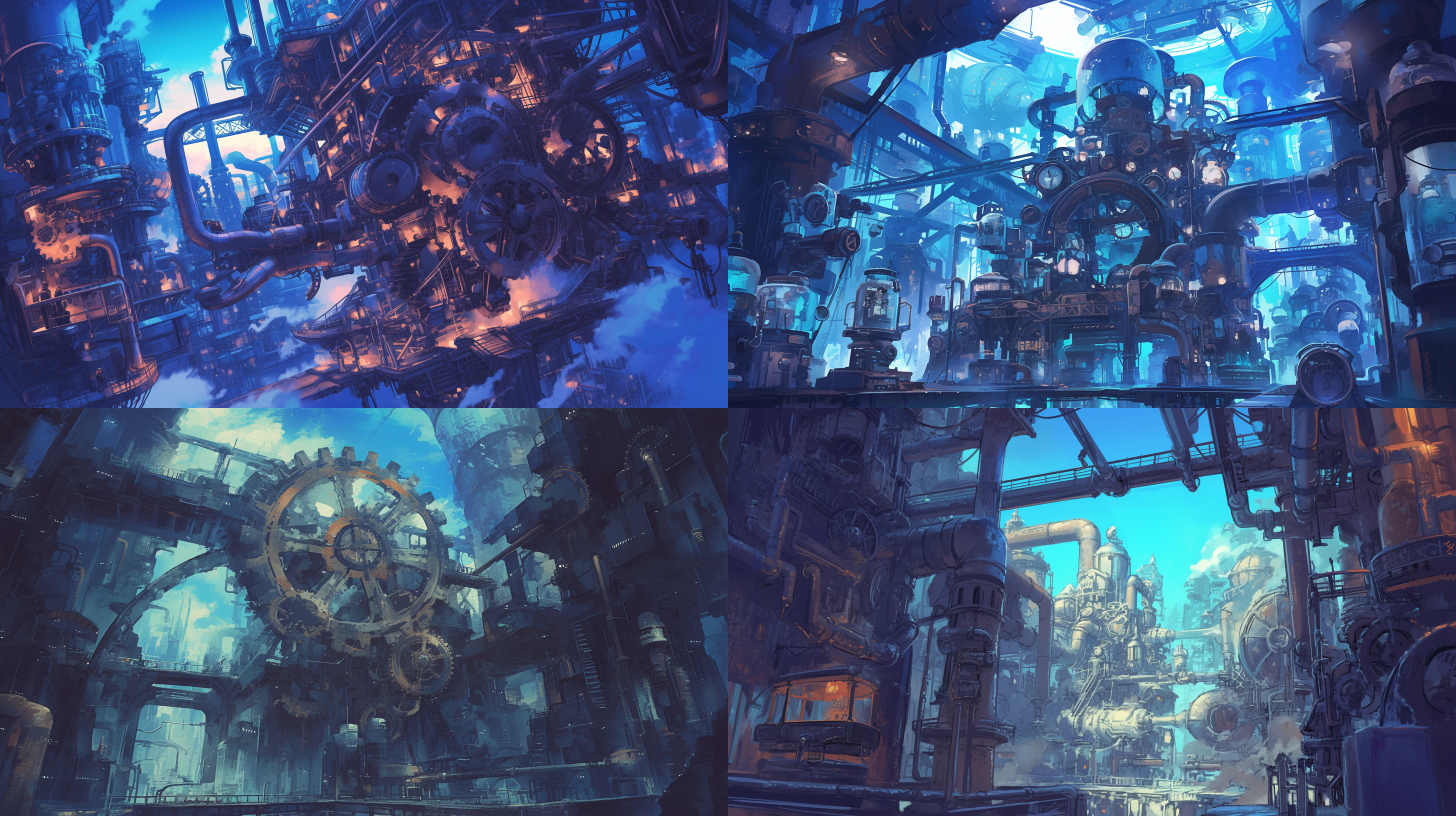 蒸汽朋克风格，金属管道，齿轮，锈迹，机械构造，暗沉内核，高对比度，蓝色调，广角镜头，侧光，复杂构图，细节丰富，紧张。