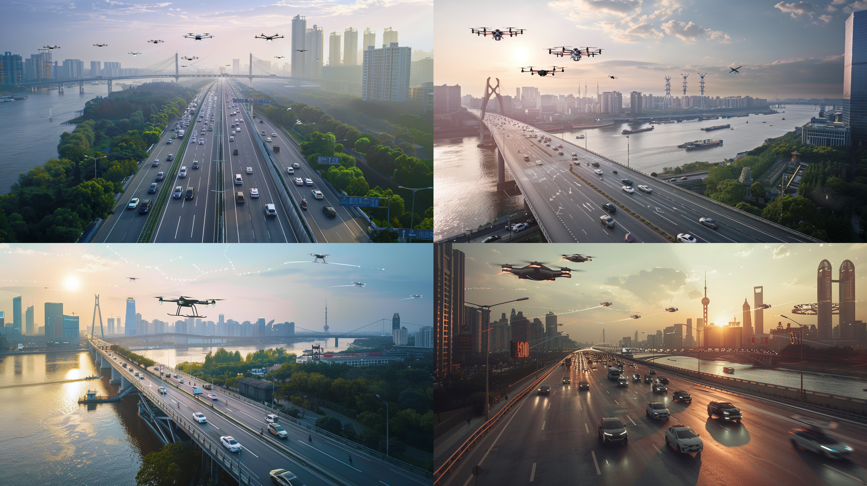 生成2030年在武汉市中心城区城市地面交通繁忙，空中也有飞行汽车，无人机物流的场面，体现到了2030年中国低空经济发达的画面。一定要凸显出武汉城市特征，有武汉长江大桥上跑着未来科技感的汽车，长江上空跨江飞行的有载人汽车和京东物流无人机，远处背景看得到武汉地标黄鹤楼 宫崎骏