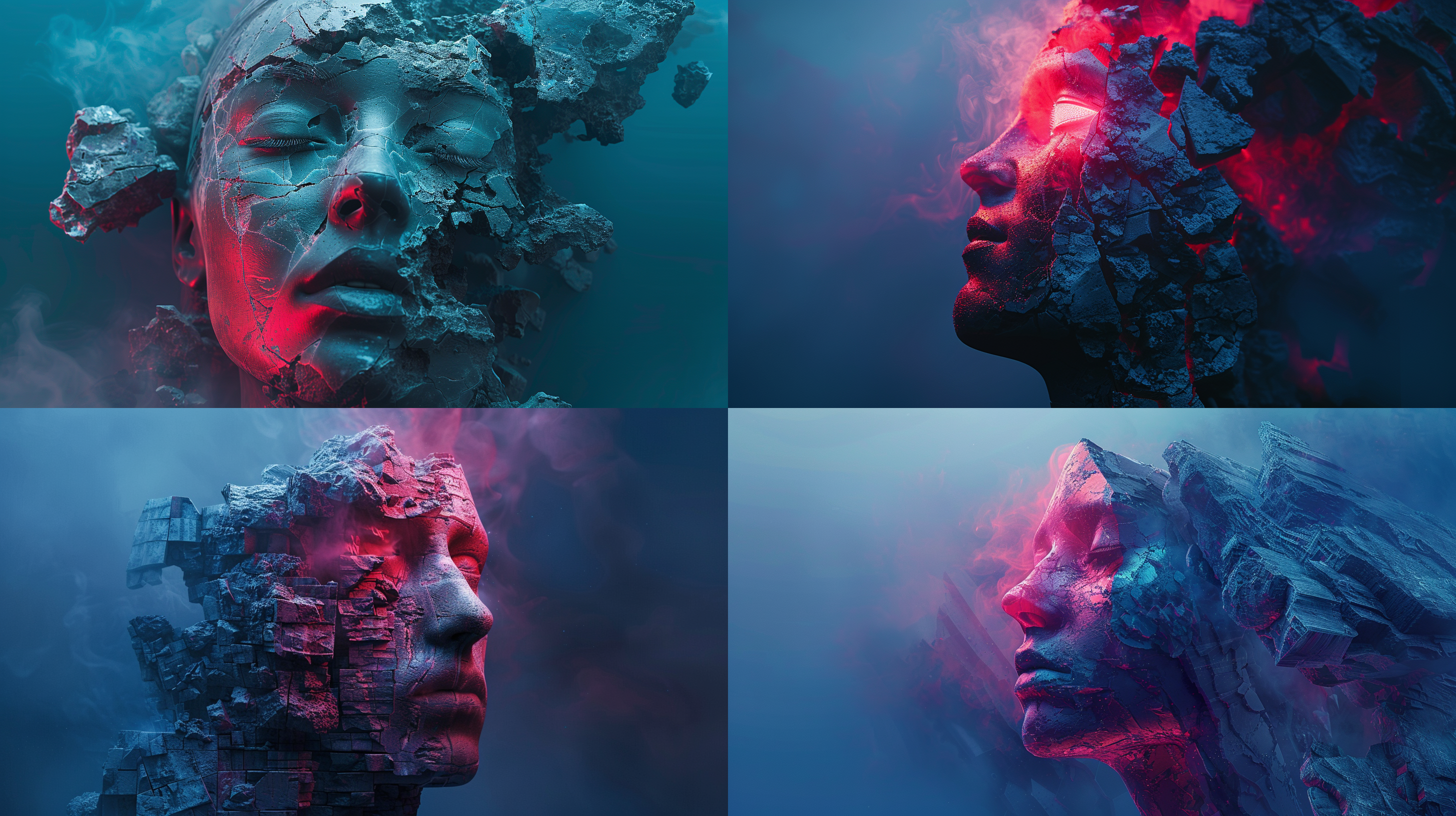 全景构图 未来创意抽象几何人像半身雕塑，抽象和具象相结合，破碎，岩石。冷色系，背景废墟，深蓝背景，环境昏暗，环境体积照明，4k，红光（微弱光芒），彩色8k，高质量的产品图像”，颜色位移，光位移景，世纪末日，视觉冲击，强烈的明暗对比，硝烟，环境阴霾 岩石 黑光