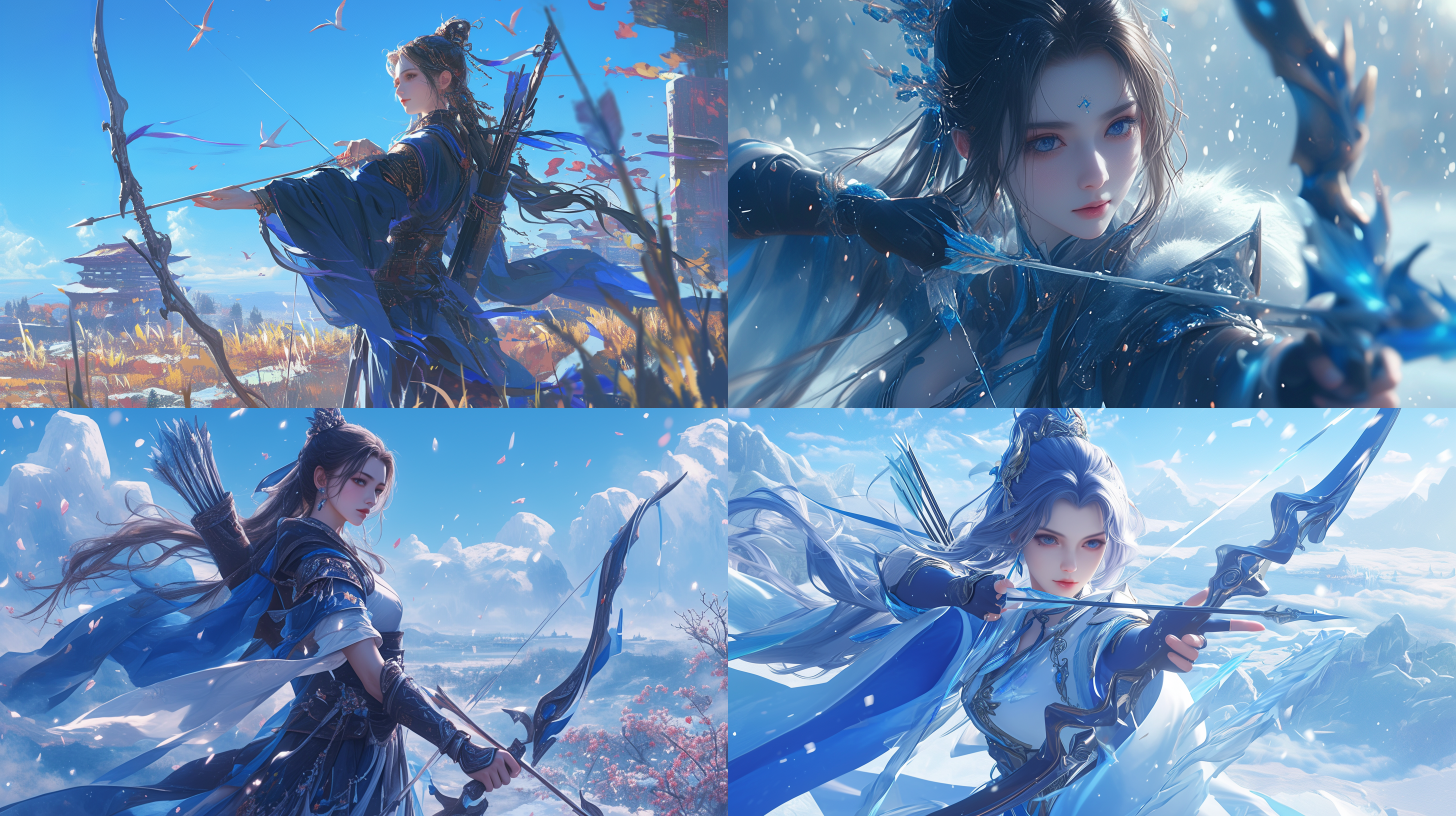 chinese girl, beautiful, love nature, archers, ice magic, gorgeous costumes，3d建模，全景，超清画质，景深，光影效果。