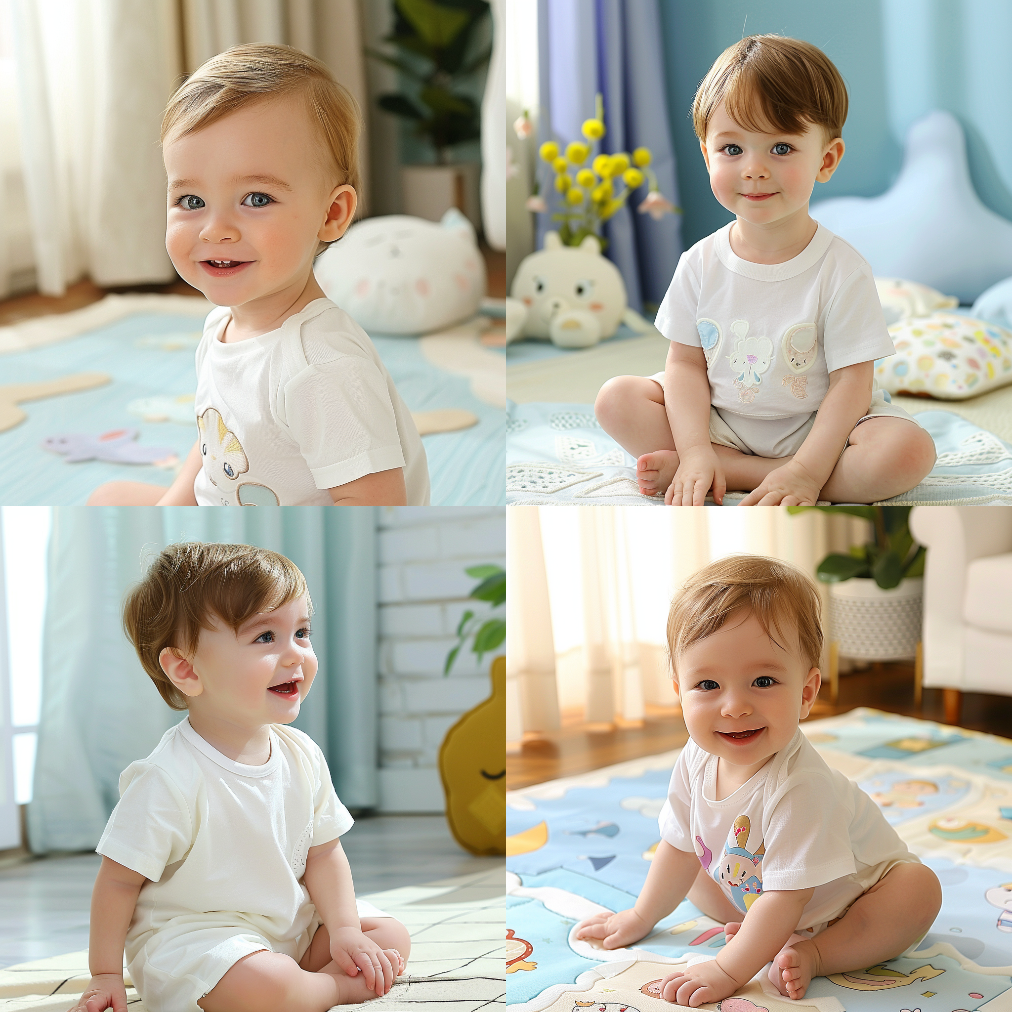 一个婴儿坐在地板上，欧美男婴，正面照，低头，开心的笑，大眼睛，圆脸，白色t恤，室内人物摄影，超高清