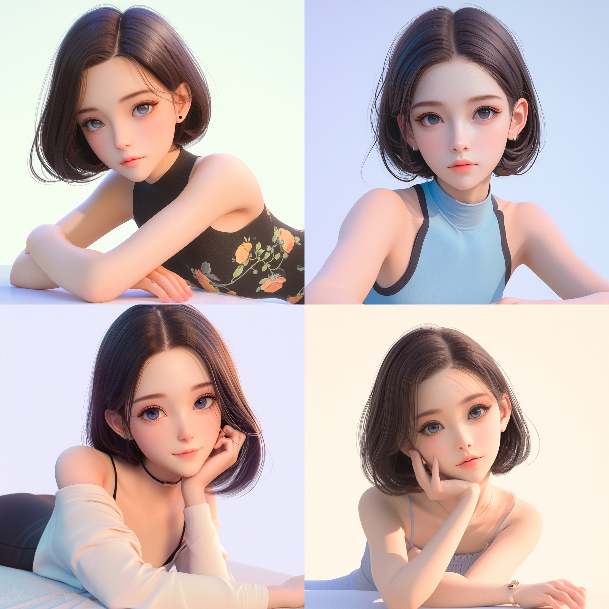 为我制作头像：白色背景，3d卡通风格女孩，精致的脸部，夏季潮流时尚服装，泡泡玛特配色，亮丽配色，上半身，正面趴在桌上，由pop mart制作，光滑细腻，黏土材料，辛烷值渲染，超细节，8k,