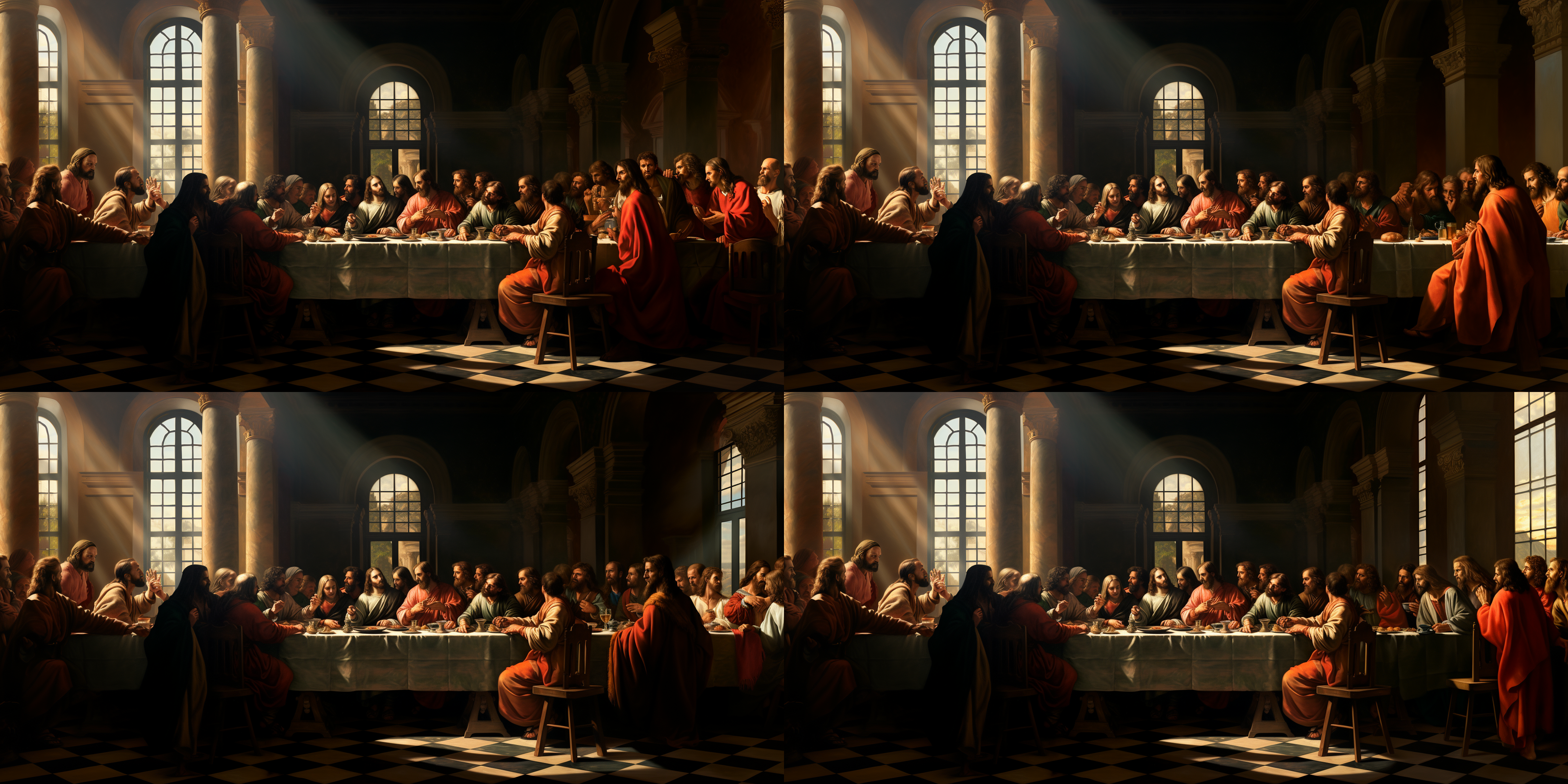 最后的晚餐，画面上是一群人围坐在长桌旁，他们面对面坐着，一个人的背影显得孤独。整个场景充满了庄严肃穆的氛围，桌上摆满了各种美食和酒水。明暗对比强烈，色调偏向暖色调，表现出沉重的情感。油画风格，静态，室内，长焦镜头，侧光，凝视，忧郁。