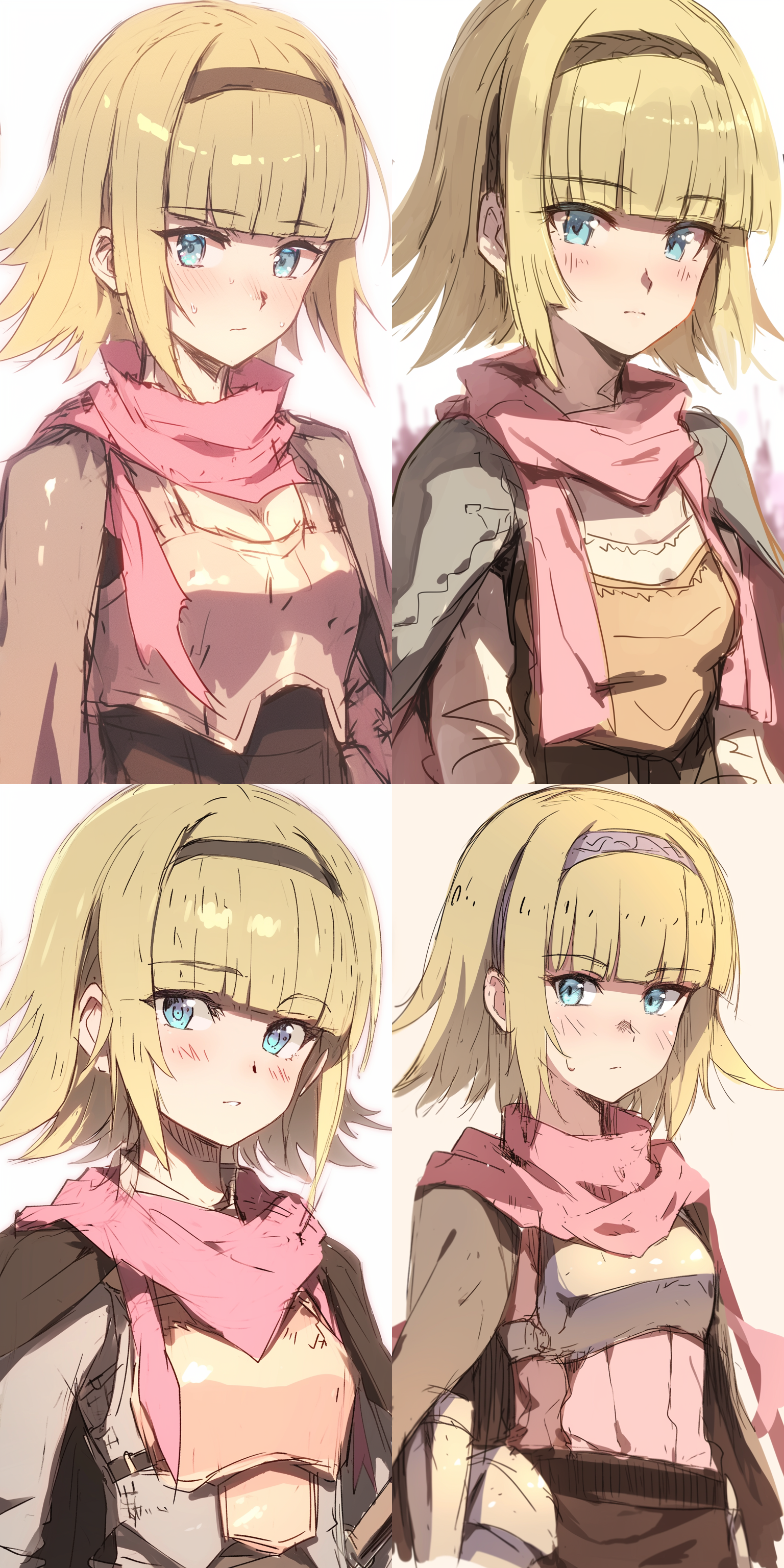 年龄16岁，个子较矮，无辫子，是五官端正有气质的金色短发美丽少女，头上戴着发箍，蓝色的眼睛，冒险者有披风的衣服，jk短裙，手持法杖，如同娃娃般无表情可爱的脸