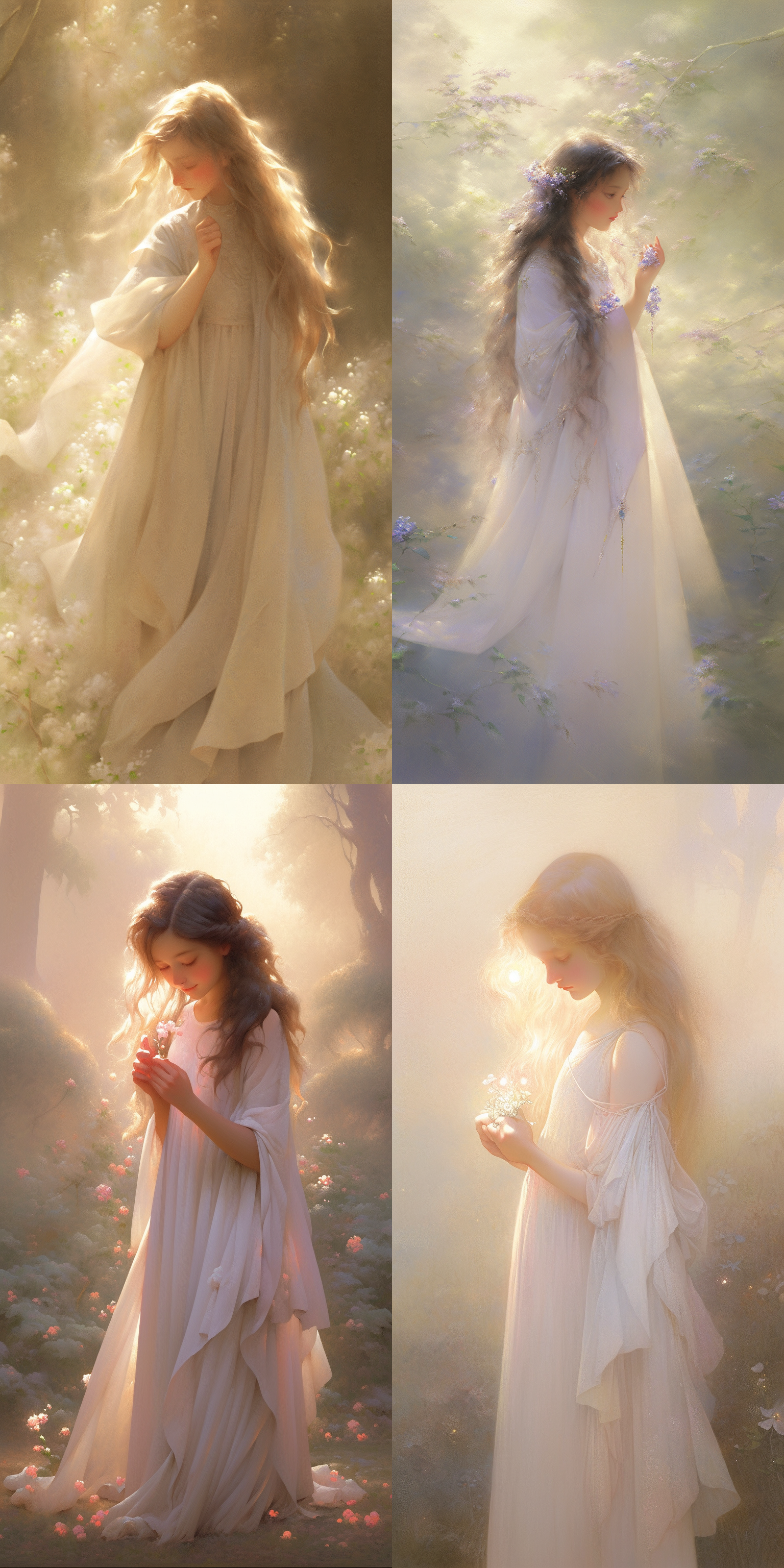 (高清细节，细腻光影，梦幻风格:1.3)，精致画面，一个少女，长发飘飘，身着轻纱，仙气飘飘。背景是云雾缭绕的山峰，宛如仙境。少女手中握着一支花，微笑着望向远方，眼神中充满憧憬和希望。