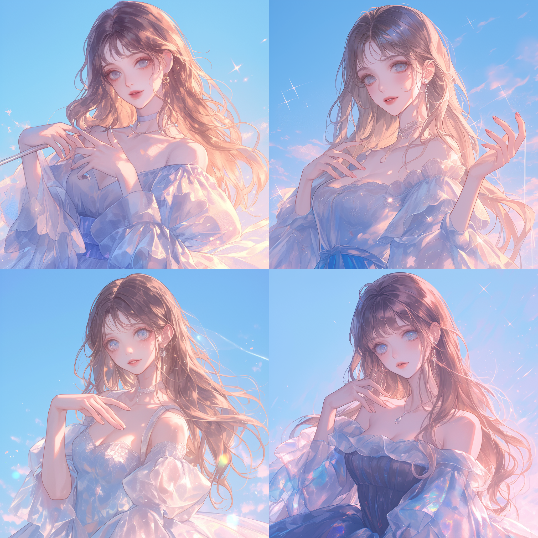 二次元，漫画风格，晚礼服，盛装出席，少女，美女，精致的面庞，雨伞，阳光