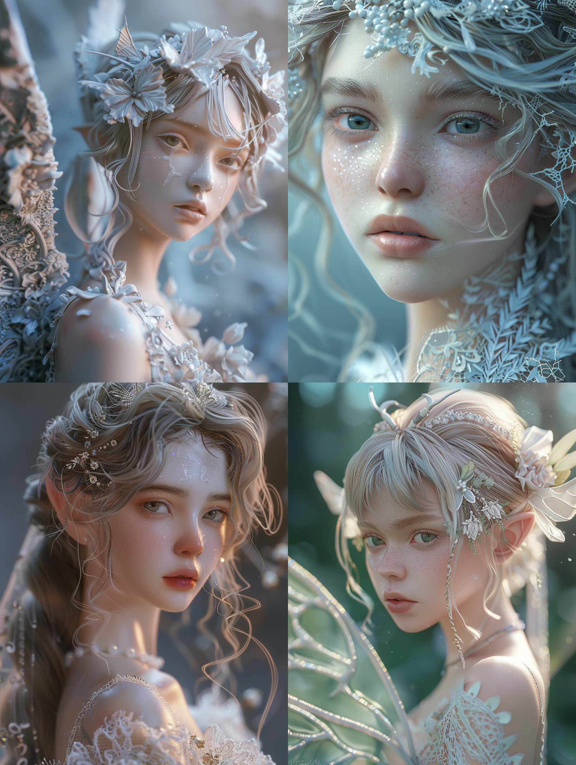 仙子3d渲染，冷色调，精致蕾丝，magali villeneuve灵感，yintion j - jiang geping风格，kim petras肖像，羊毛材质，色彩丰富，fenghua zhong启发，水手galaxia主题，柔和釉彩，高度细节化，逼真影像，柔和光线，梦幻氛围，细腻纹理，优雅姿态，神秘表情，精致配饰，魔法元素，光影交错，色彩渐变，柔和对比，细腻渲染。