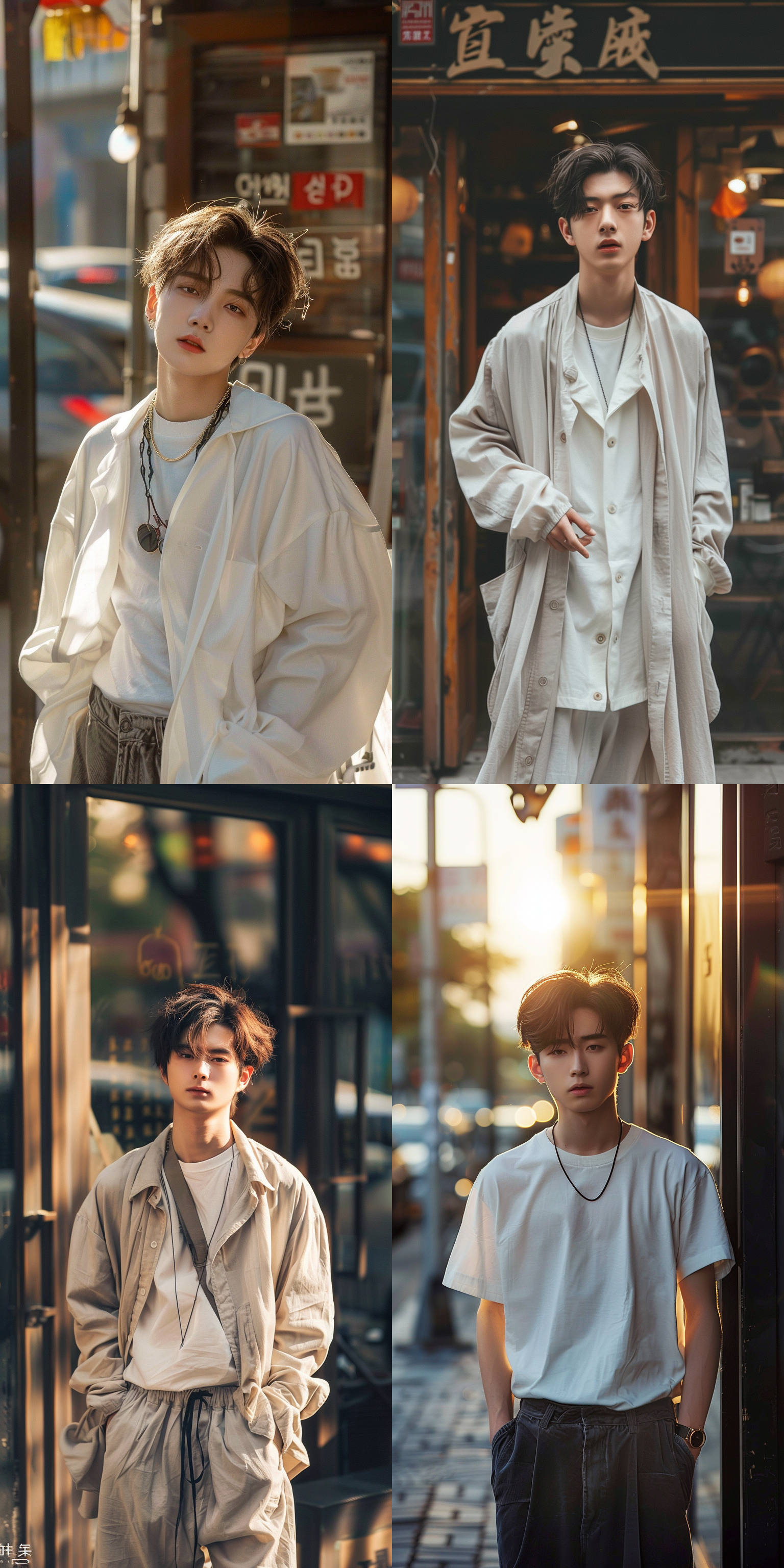 天气晴朗，在一家咖啡厅外的街道上，一个中国现代00后潮流的男孩，留着短发，面部精致，五官美丽，身穿白色宽松t恤衫，下身时尚长裤，外套精美，对镜头做一个吸引女生的手势，阳光温暖，超高清，8k