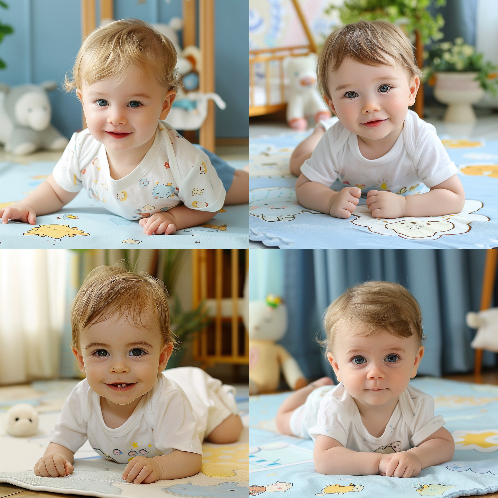 一个婴儿趴在地板上，欧美男婴，正面照，低头，开心的笑，大眼睛，圆脸，白色t恤，室内人物摄影，超高清