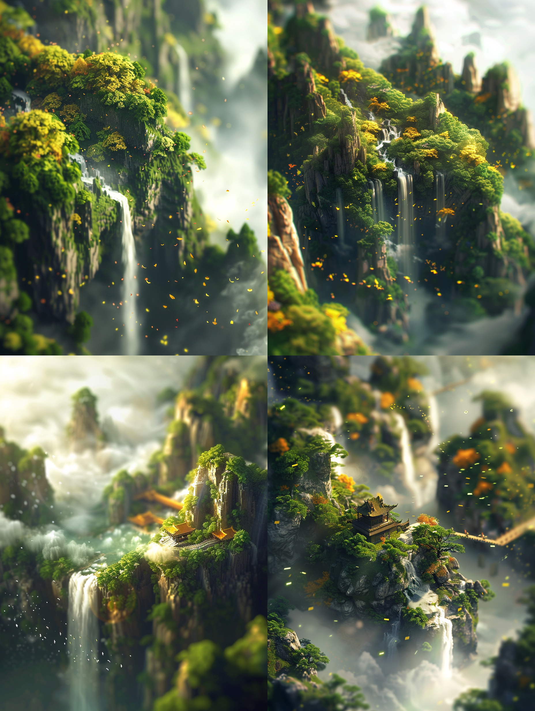 银河落下，山水融合，远景近景，微距微景观，高饱和度，古风浓郁，阳光耀眼，高山瀑布，银白色调，神秘感，宏伟，宁静。