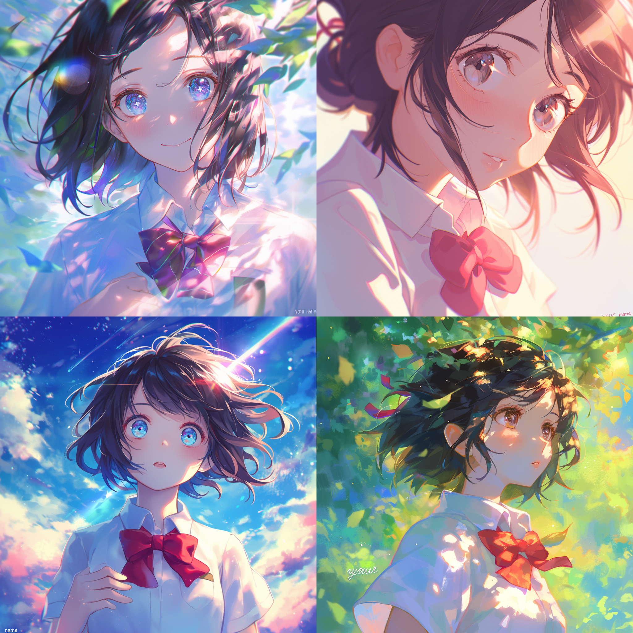 exquisite girl avatar in the anime style of shin hai cheng, with big eyes, bright pupils, expressions of anticipation and longing, flowing and natural hair, clear and visible details, soft and warm colors, mottled light and shadow, japanese student uniform, fresh and natural, the beautiful and romantic atmosphere of the movie "your name", sunlight shining through the mottled light and shadow of leaves, close-up shots, youthful vitality, pink and blue gentle colors.