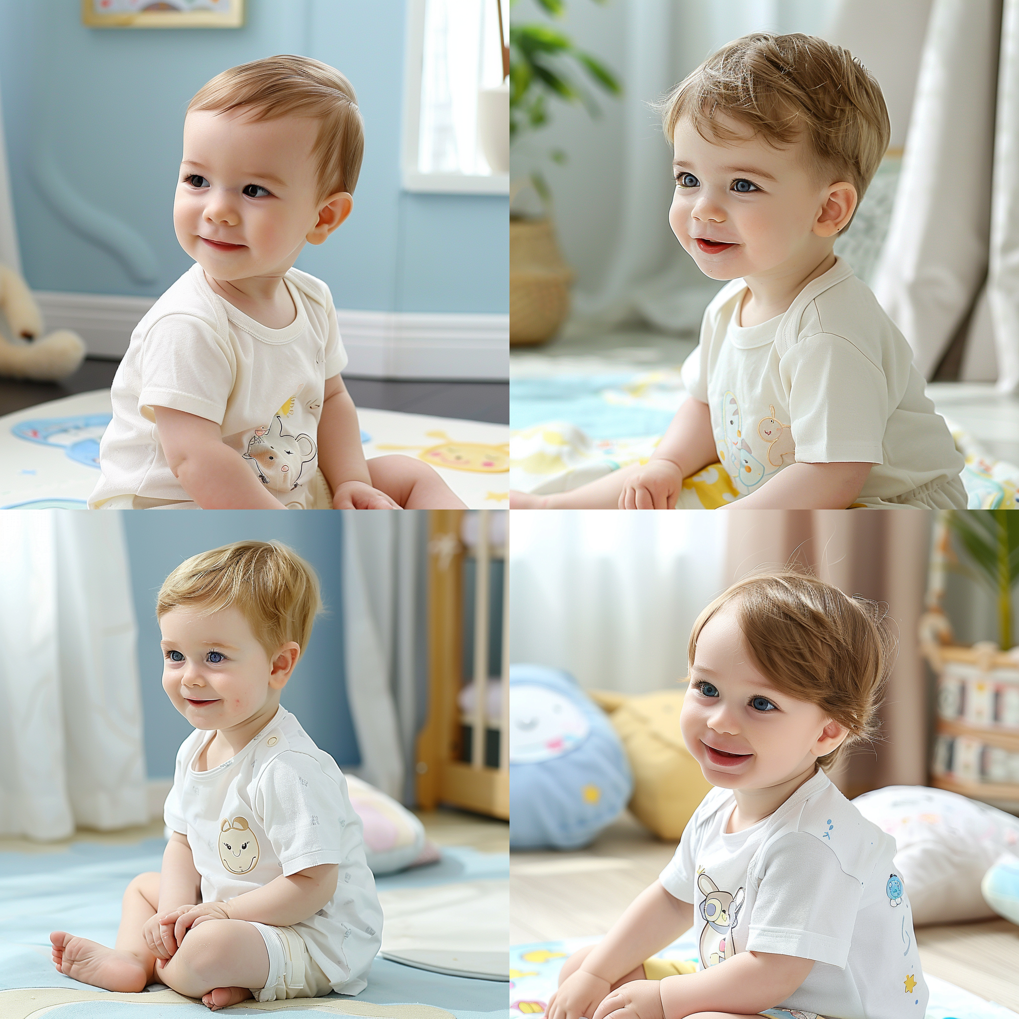 一个婴儿坐在地板上，欧美男婴，正面侧脸，低头，开心的笑，大眼睛，圆脸，白色t恤，室内人物摄影，超高清