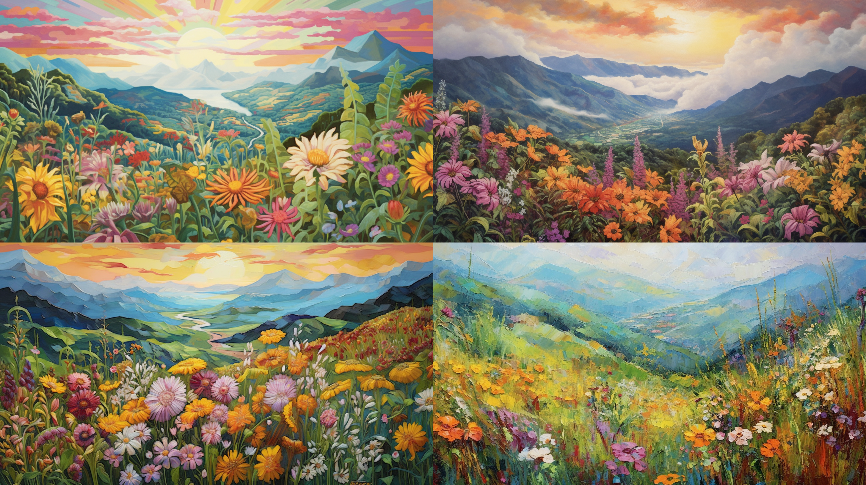 请画一幅精细油画，雨后，从山坡高处望向远方，满山遍野盛开各种花草，景色优美，山野空阔，简约美，构图艺术性强，抽象艺术，想象力丰富，细节刻画，精细，色彩厚重明亮，电影光，明暗，景深，超广角画面。8k，大师作品，宫崎骏风格，8k
