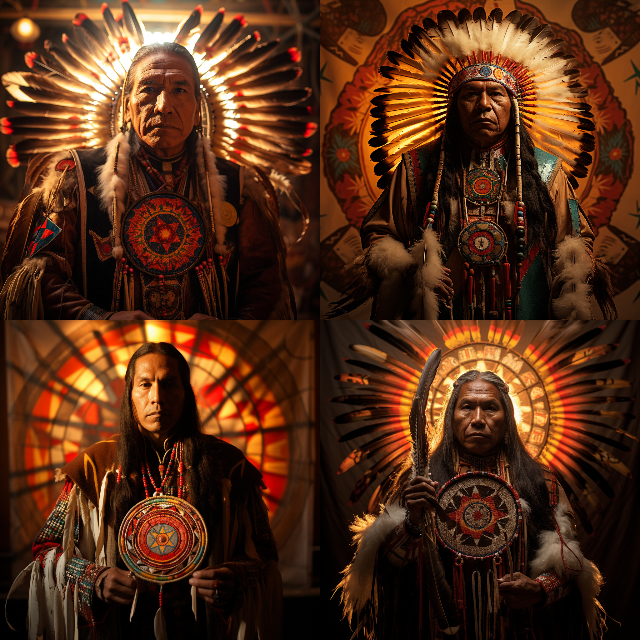 一个美国印第安人手持捕梦网，身穿传统的羽毛装饰，背景有雷鸟和太阳的抽象几何图案。构图对称，色彩丰富，暖色调，长焦镜头，逆光，静态。