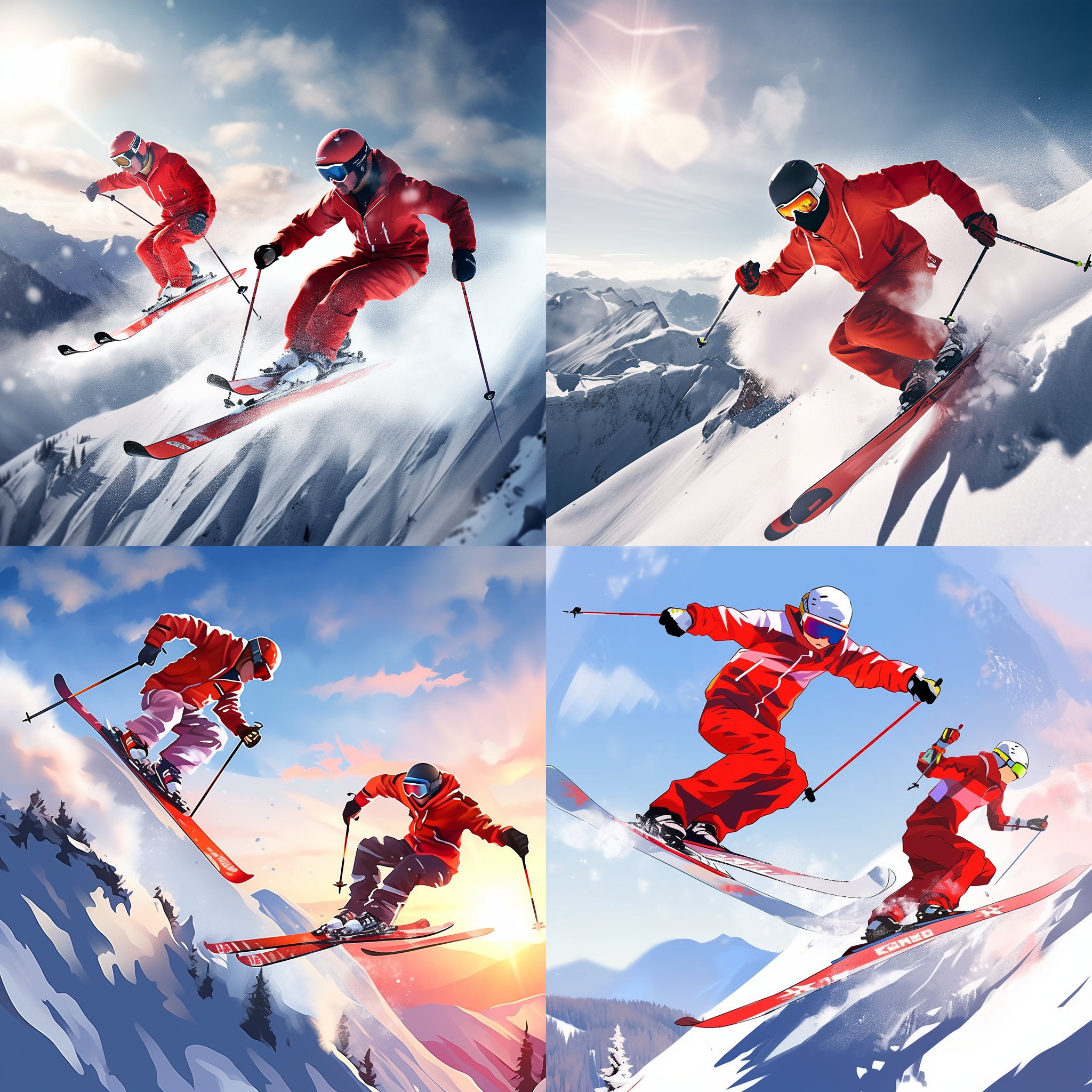红衣双板滑雪少年，雪山背景，自由式滑雪，专注，兴奋，力量，细节的天空，电影级画面，摄影写真，超清渲染