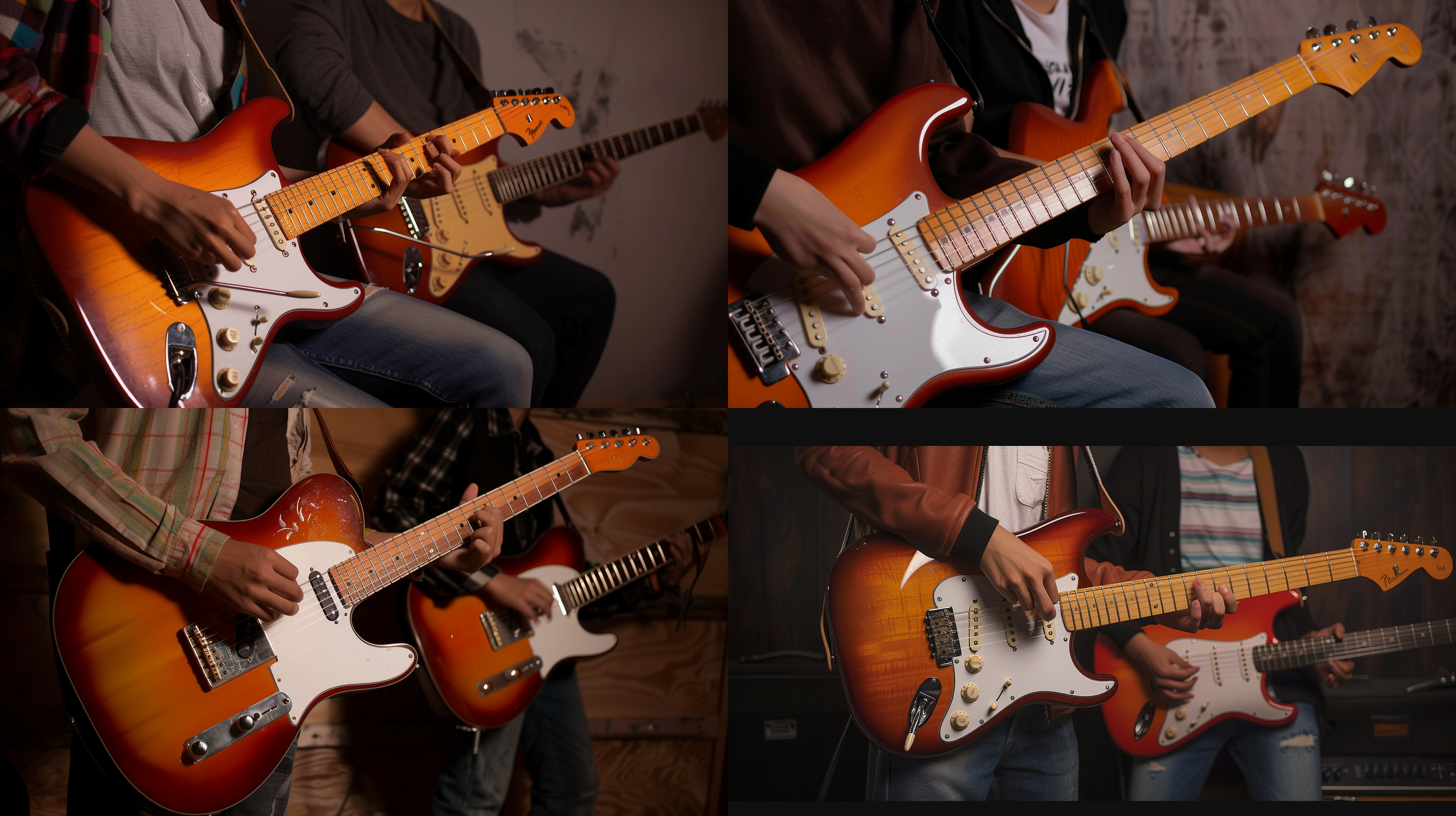 两人弹吉他，室内木质环境，视觉焦点在右侧，高清晰度，中心构图，暖色调，标准镜头，自然光，音乐创作，放松愉悦。