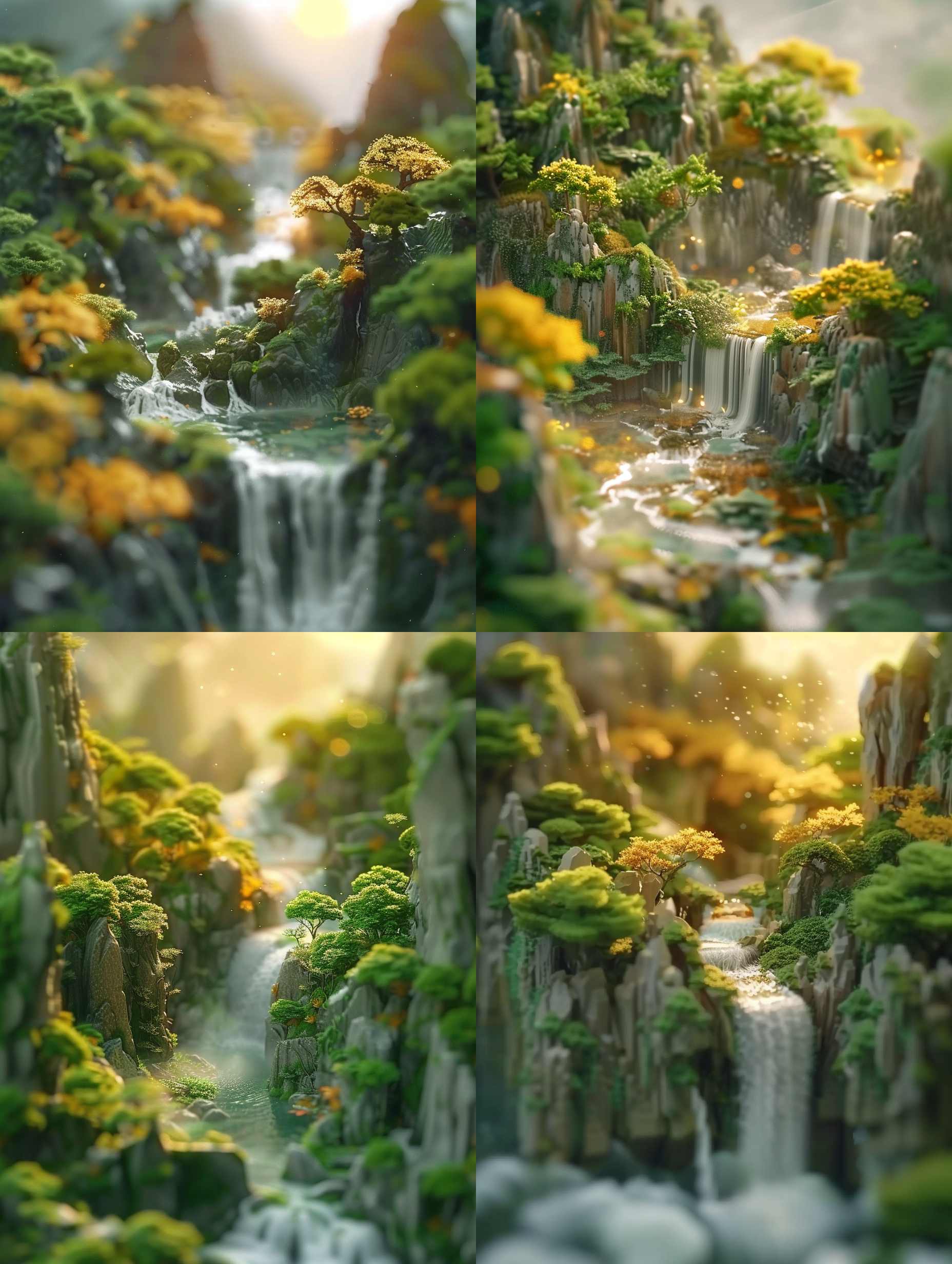 古风瀑布，山顶俯视，微景观，微距镜头，高饱和度，耀眼阳光，瀑布特写，流水，绿色植被，壮丽，宁静。