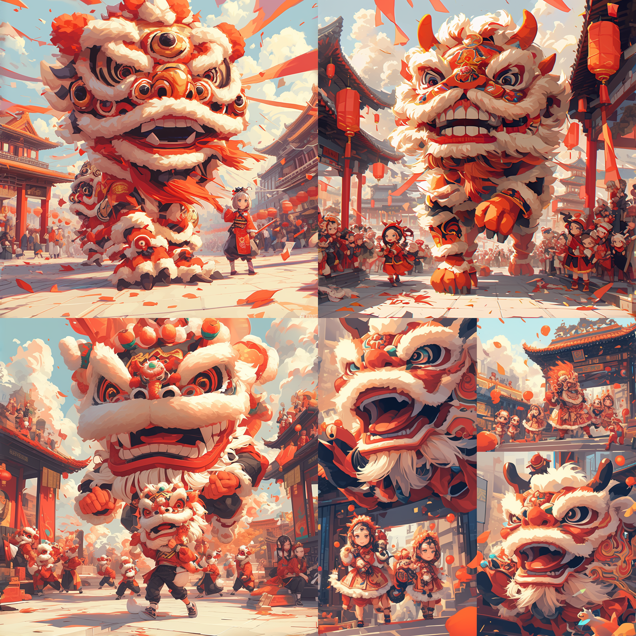 中国风舞狮在广场上，多色，背景纯色，动态优美，活泼可爱，动漫风格。