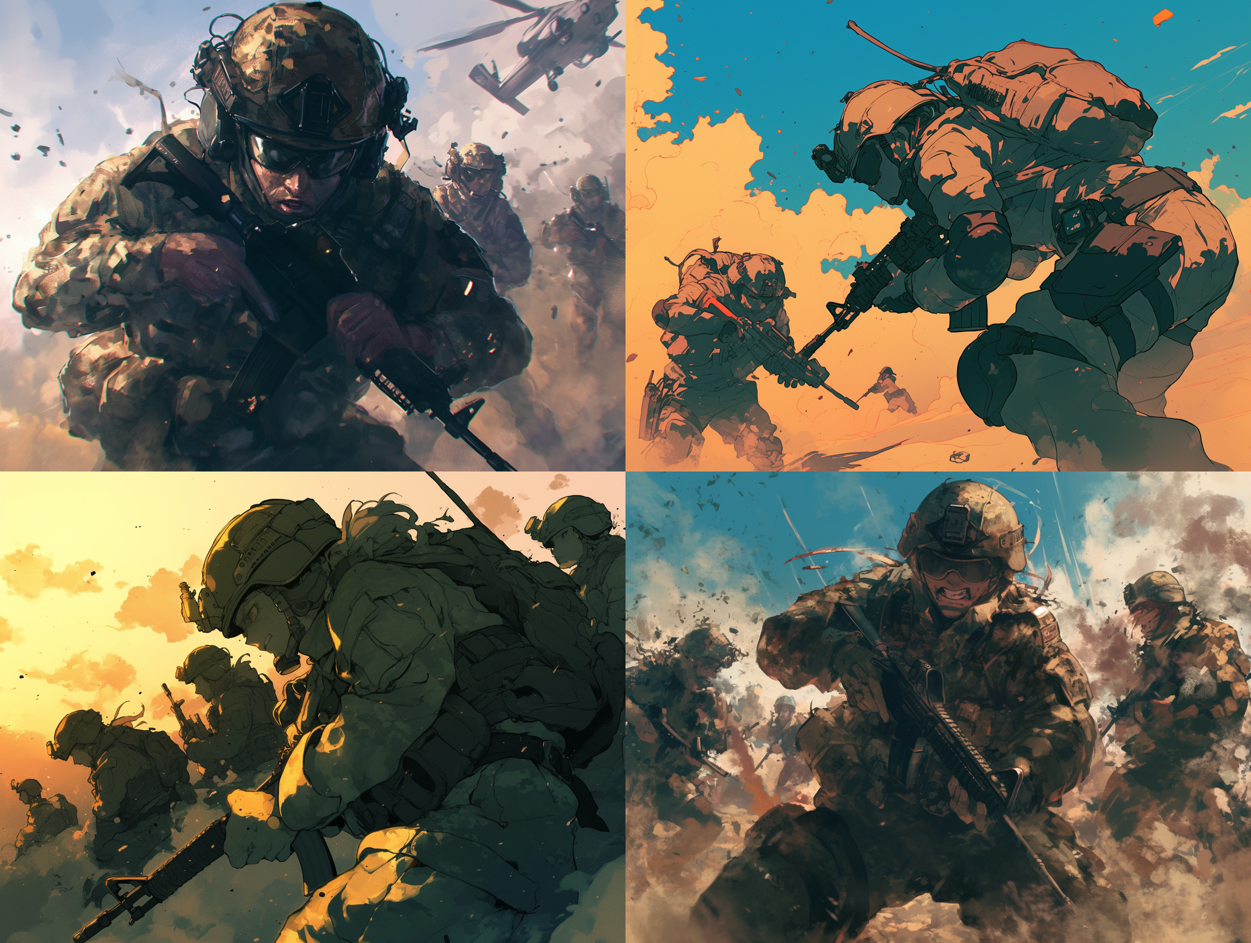 士兵突击，动态构图，战场背景，冷色调，长焦镜头，逆光，快速快门，冲锋，坚毅表情，迷彩服，尘土飞扬。