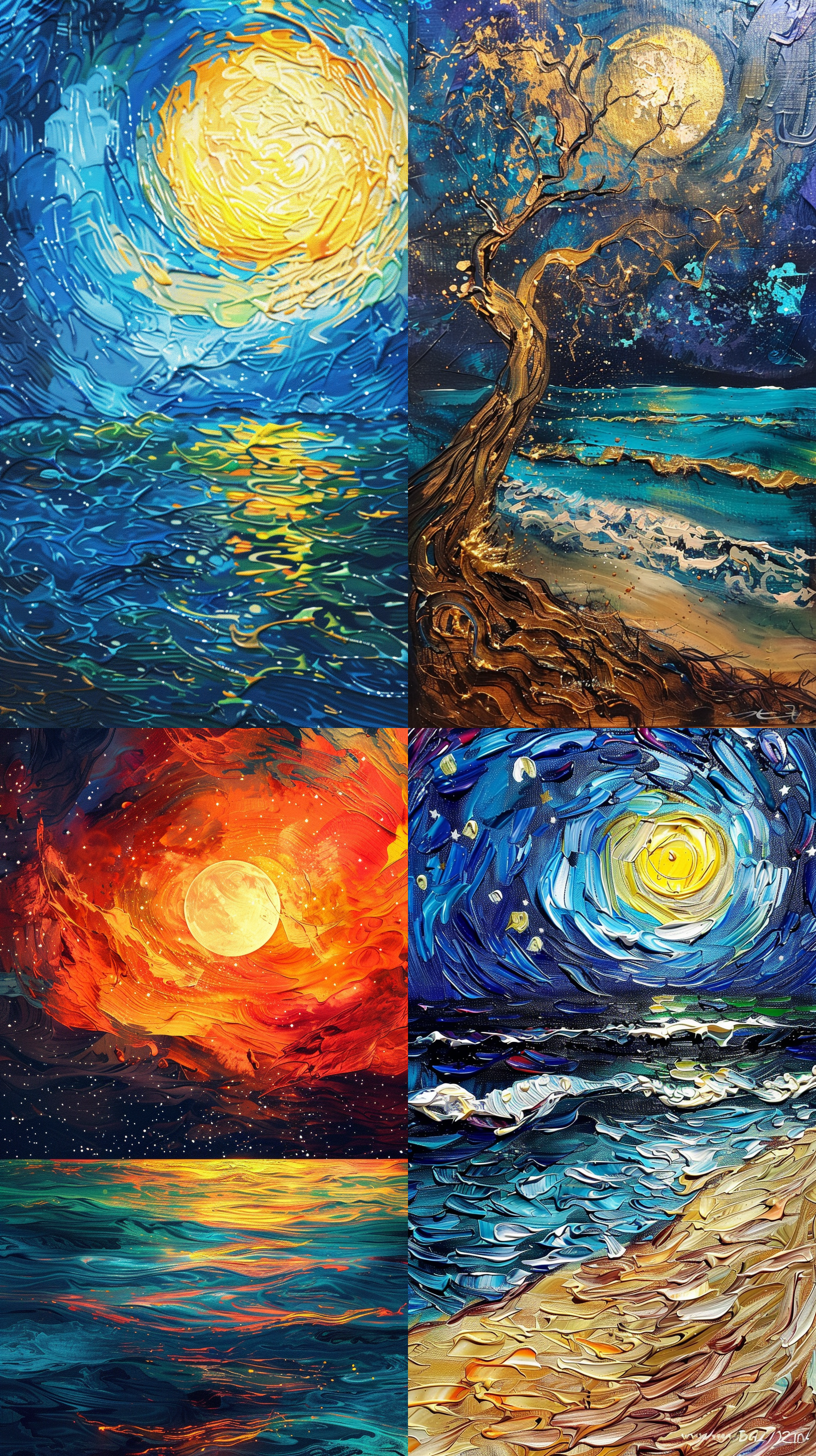 van gogh style ocean sky image, bright colors, heavy brushstrokes, starry background, rich details, wood grain texture, night atmosphere, warm tones, high mood, and contrast of light and shadow.
