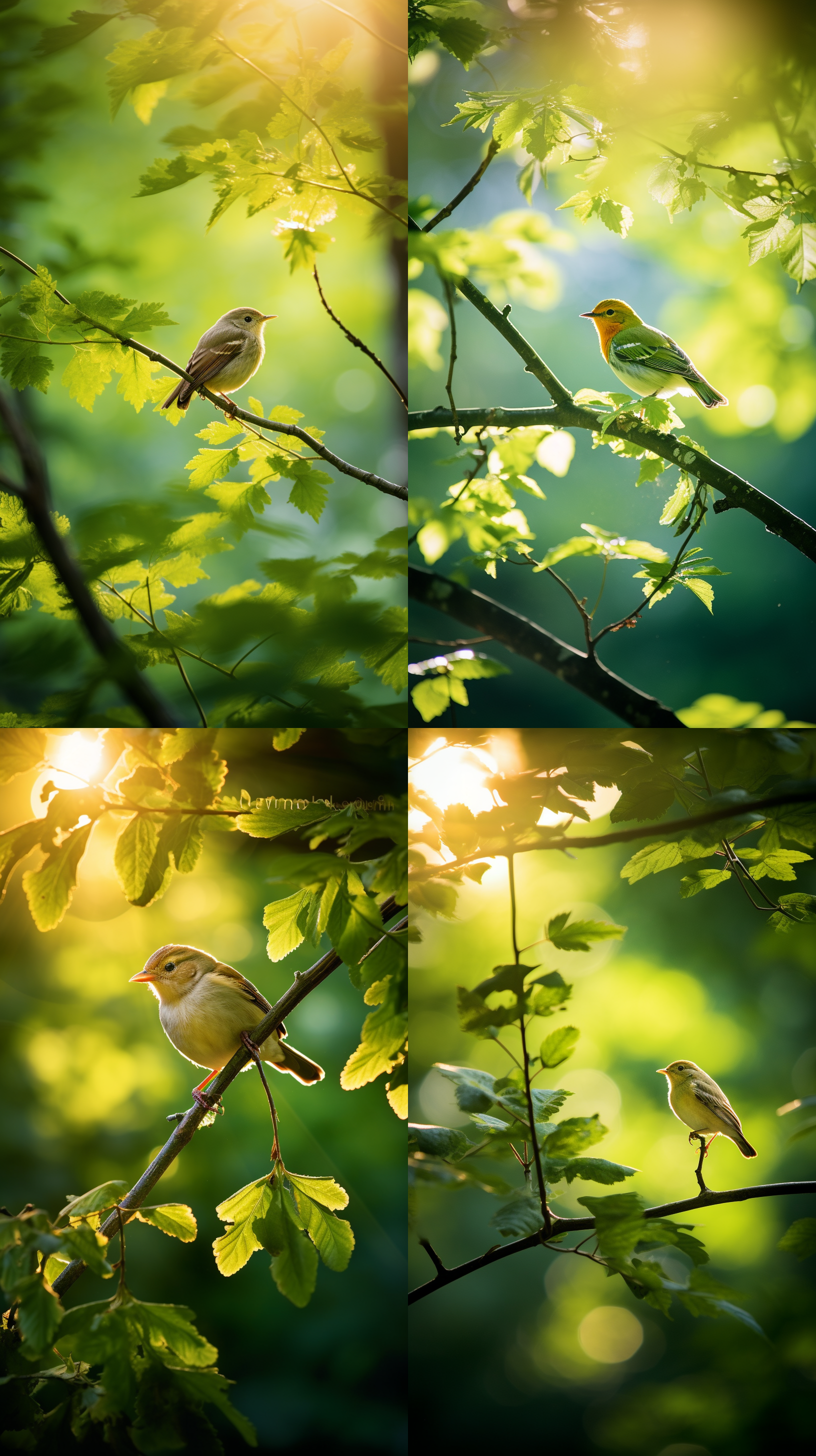 夏季风景图，阳光透过树叶洒下斑驳的光影，树木在微风中轻轻摇曳，一只小鸟停在树枝上，呈现出清爽舒适的氛围。户外环境，长焦镜头，逆光拍摄，自然色彩，宁静愉悦。