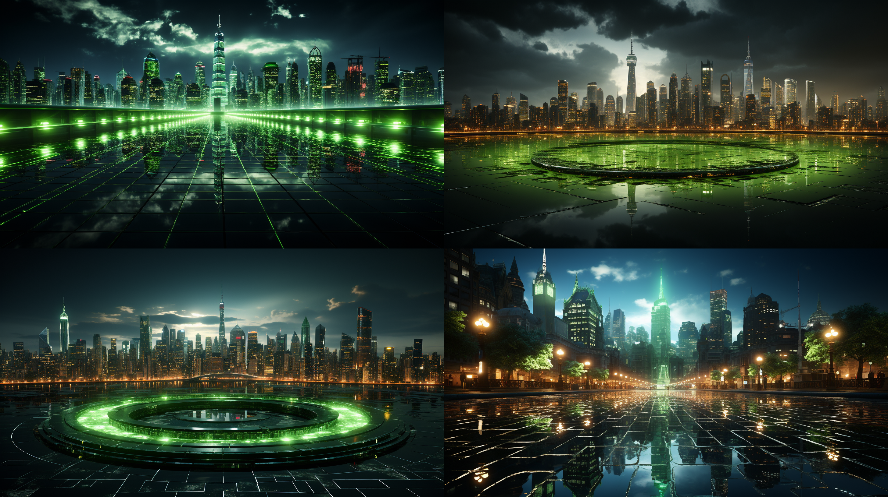 future technology background, city skyline, neon lights, skyscrapers, night, blue-green tone, fisheye lens, flowing effect, technological elements, futuristic feeling, excitement.