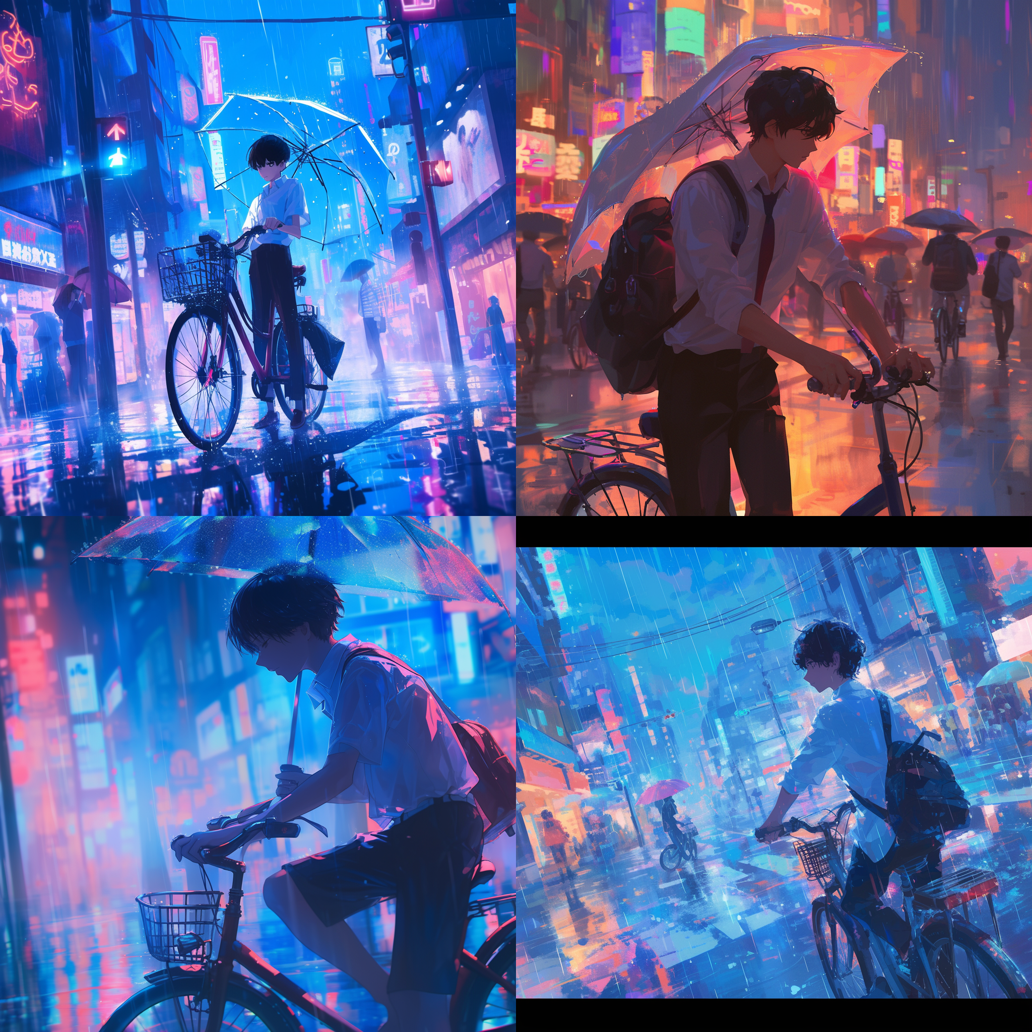 学生装，白衬衫，16岁男生，黑色短发，散刘海，自行车，下雨天的背景，在街头人影窜动，霓虹闪烁，撑伞走动，横板 街头摄影，霓虹光影，模糊效果，逆光拍摄，反射，青春活力，雨水倒影，街头风格，怀旧色调，动感。