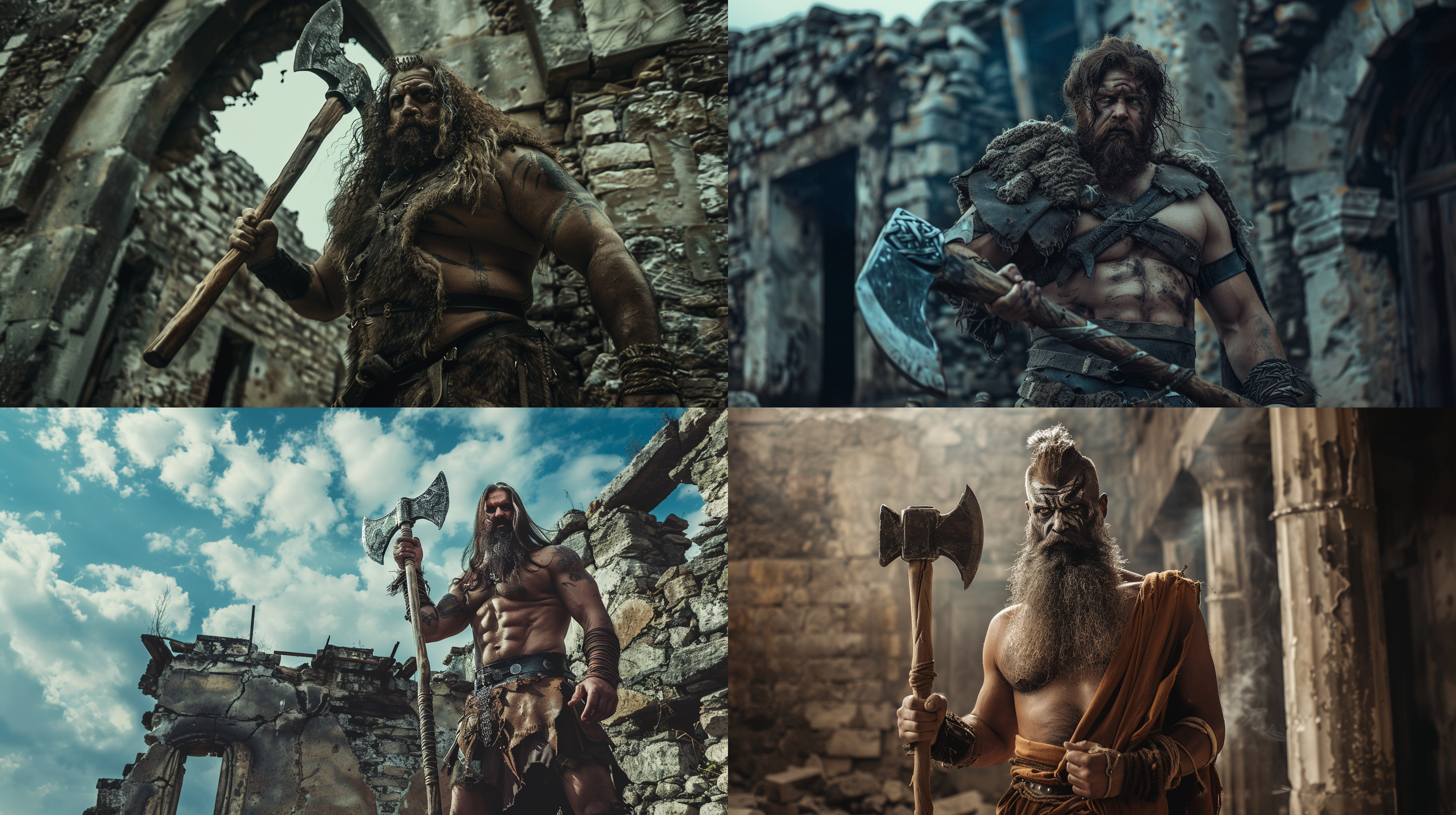 废墟城墙下，肌肉发达的中世纪古代战神，手持巨大的斧头，真实的细节，真实的头发，真实的皮肤质感，完美的细节，正确的手部表达，比例协调的四肢和驱赶，真实的摄影，全身像，广角镜头，照片 废墟, 中世纪战神, 古代, 战斧, 细节, 头发, 皮肤, 手部表达, 摄影, 广角镜头, 真实, 强壮, 威严, 振奋, 暗色调, 交战, 壮观, 光影