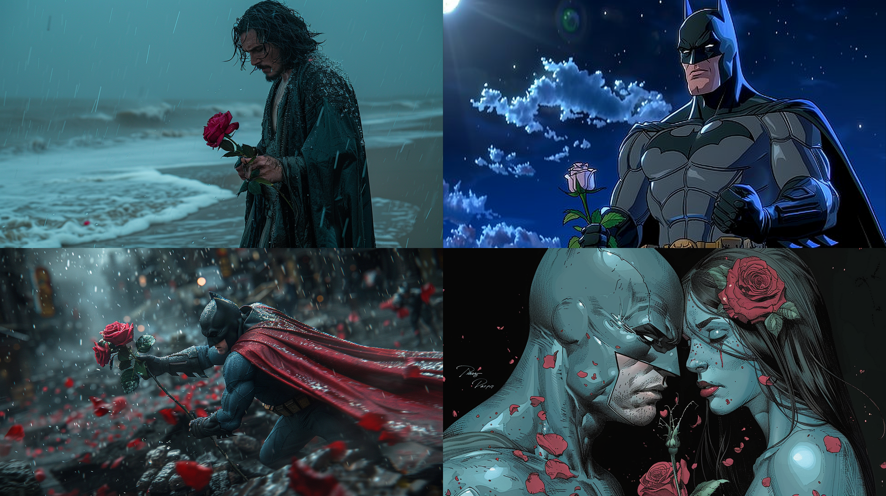 帅气的蝙蝠侠，手拿玫瑰花，看着镜头，背景有大海，全身照 海滩 正视 星空