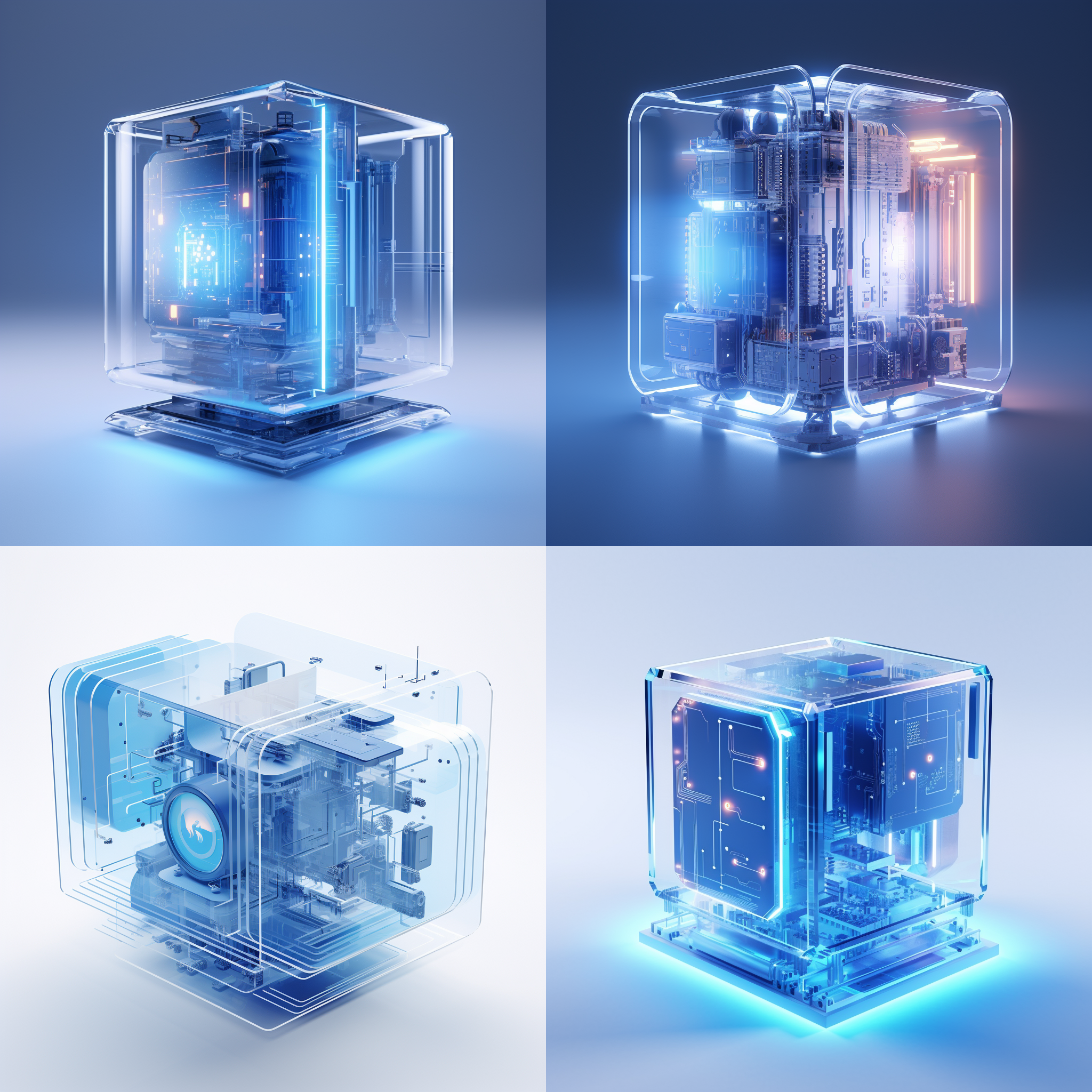 抽象3d数据处理器，蓝色，磨砂玻璃透明科技感工业设计，白色背景的工作室灯光，3d，c4d，blender，oc渲染器高细节，8k。