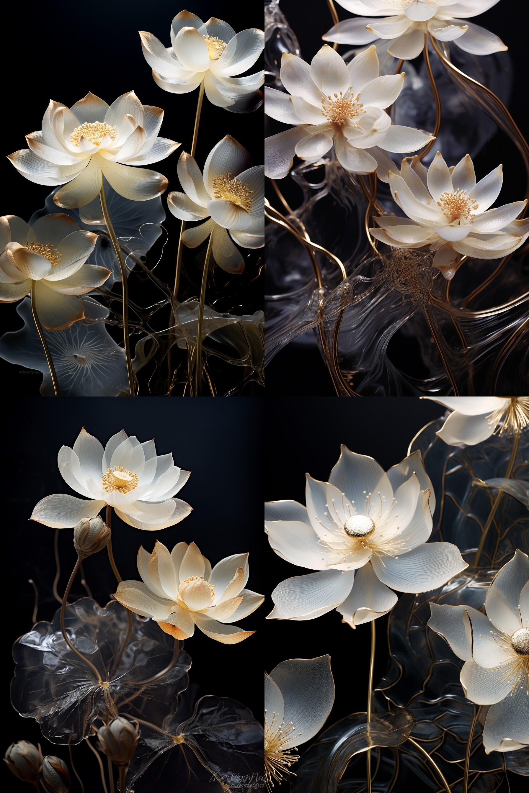 荷花和荷叶，黑色背景，梦幻细节风格，主体位于屏幕底部，白色和深金色，超现实水面，玻璃雕塑，特写，空灵插画，轻薄面料，细腻，黑白金三种颜色出现。 细节，梦幻，超现实，特写，空灵，细腻，黑白金，轻薄。