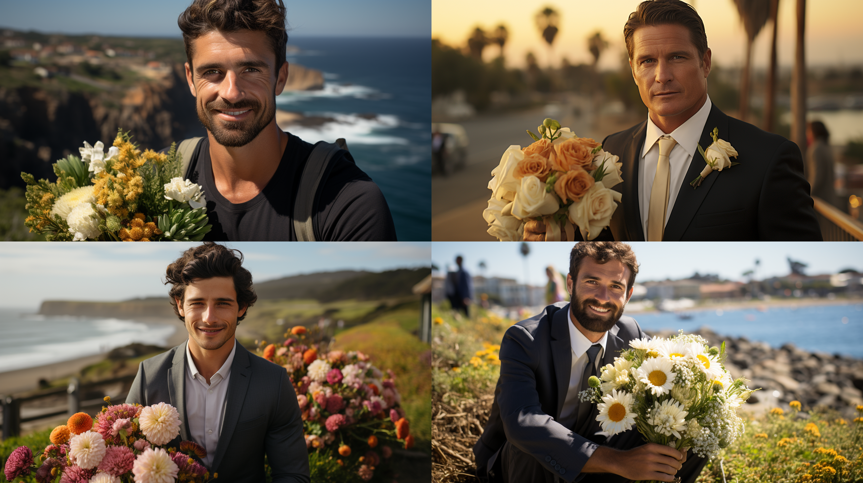 一位欧美成熟帅哥，穿着礼服，黑发，手拿鲜花，单膝下跪的，看着镜头，背景有大海