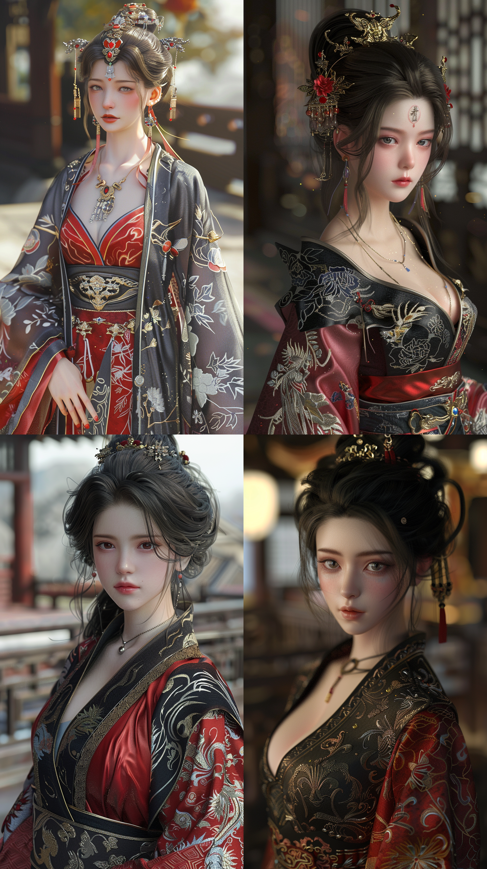 一个中国古代少女，容貌绝美，精致盘发，精致的妆容，人物逼真，穿红黑银金纹苏绣长袍，精细束腰，中国风，眼神冷酷，曼妙身材，全身拍摄，正面镜头，室外，夜晚，戴肩甲，三维，虚幻引擎，oc渲染器，