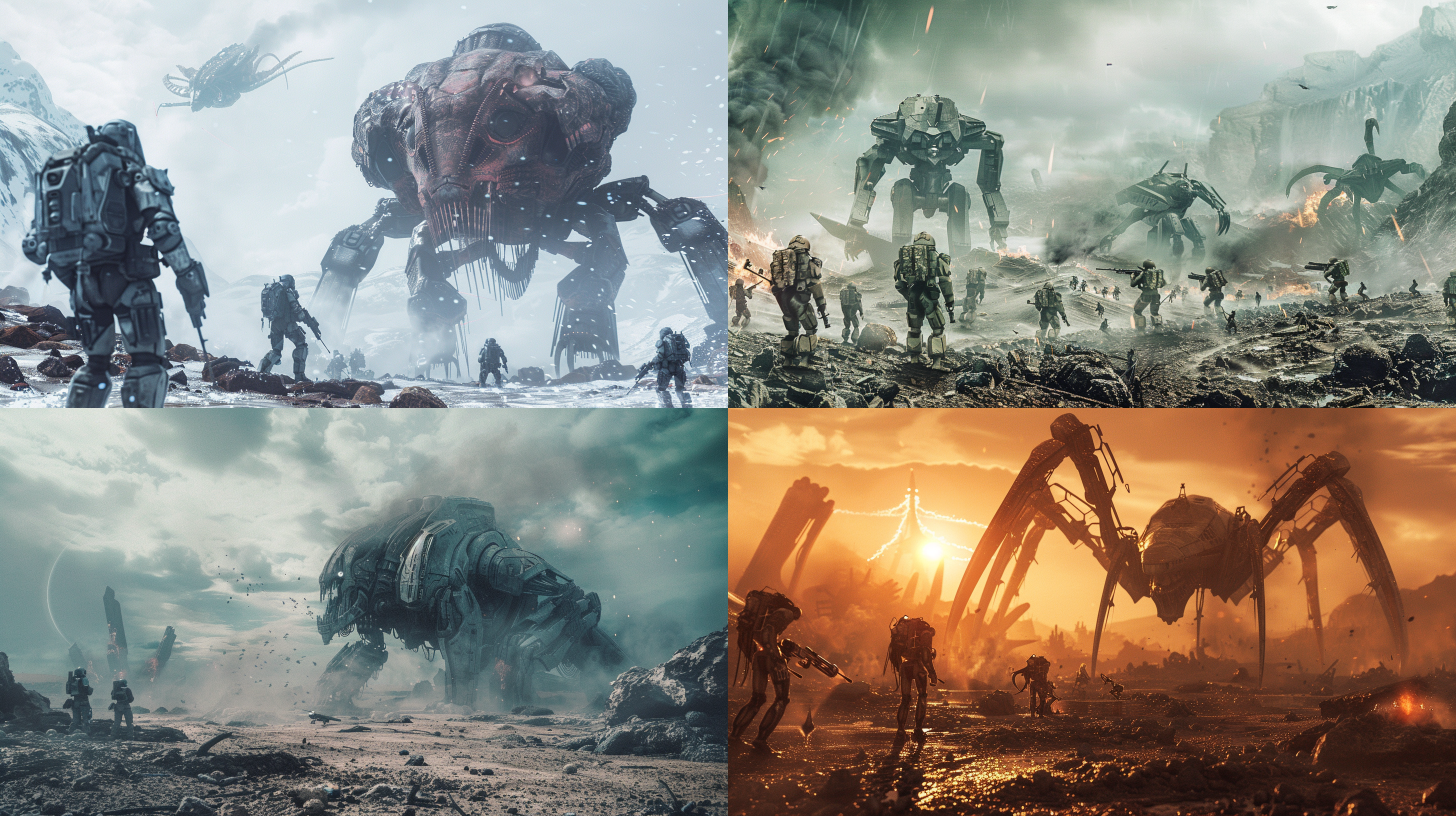未来世界战火纷飞的背景，地球机甲士兵和外星怪兽的战争，完美的机甲细节，完美的怪兽细节，真实的细节，全景，超广角，很强的视觉冲击力，真实的摄影，搅拌机渲染，照片