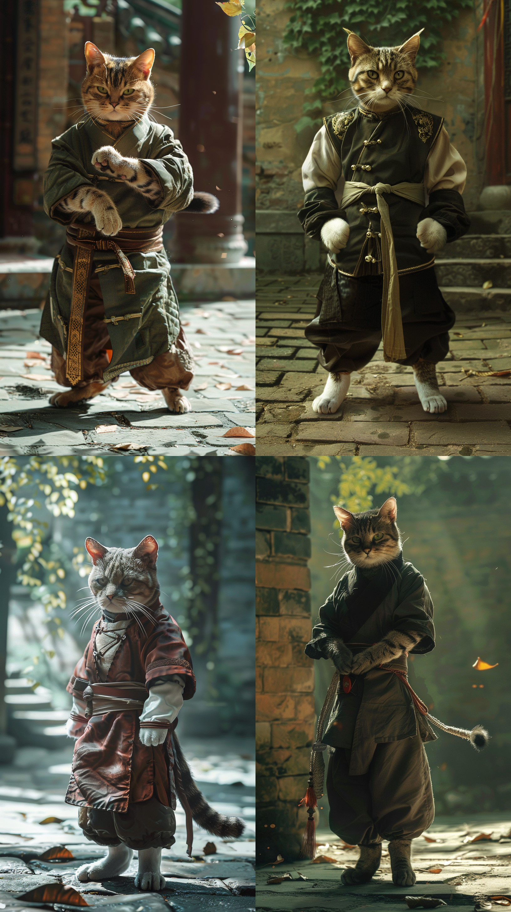 功夫猫，站在古老的中国庭院里，身穿中国传统武术服装，展示出高超的功夫技艺。背景是一片青砖灰瓦，阳光透过树叶洒落在地面上。肌肉线条明显，眼神凝重。真实的细节，完美的细节，真实的摄影，照片。庭院，传统服装，武术，阳光，青砖，肌肉线条，凝重。