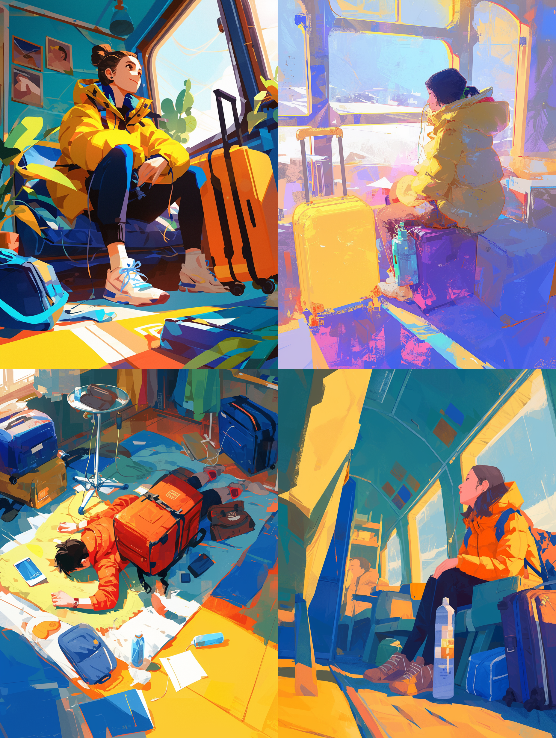 打开行李箱，穿着羽绒服，拿氧气瓶，川西旅游路线，扁平画风，明亮色彩，室内布景，动态构图，广角镜头，侧光，旅行动作，探险精神。