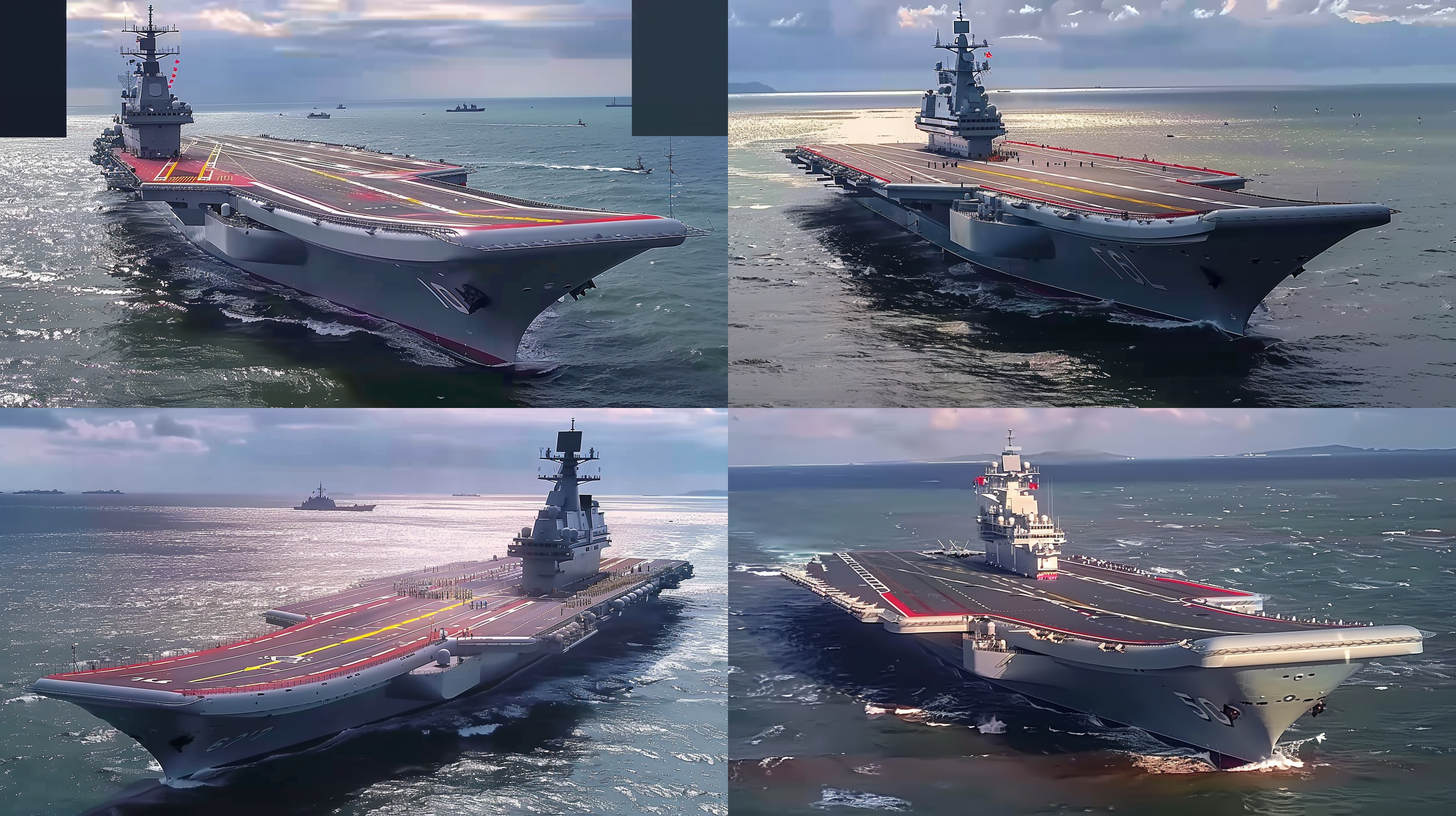 福建舰在夏威夷海域，正值日落时分。舰艇屹立于波涛之间，舰桥灯火璀璨，壮观的天空映衬下，展现出雄伟壮观的军事力量。远处洋面泛起微波，壮阔的海景与舰艇交相辉映。海上演练，夕阳西下，气势恢宏。 福建舰，夏威夷，军事演习，日落，舰艇，海域，舰桥，灯火，壮观，天空，波涛，海景。