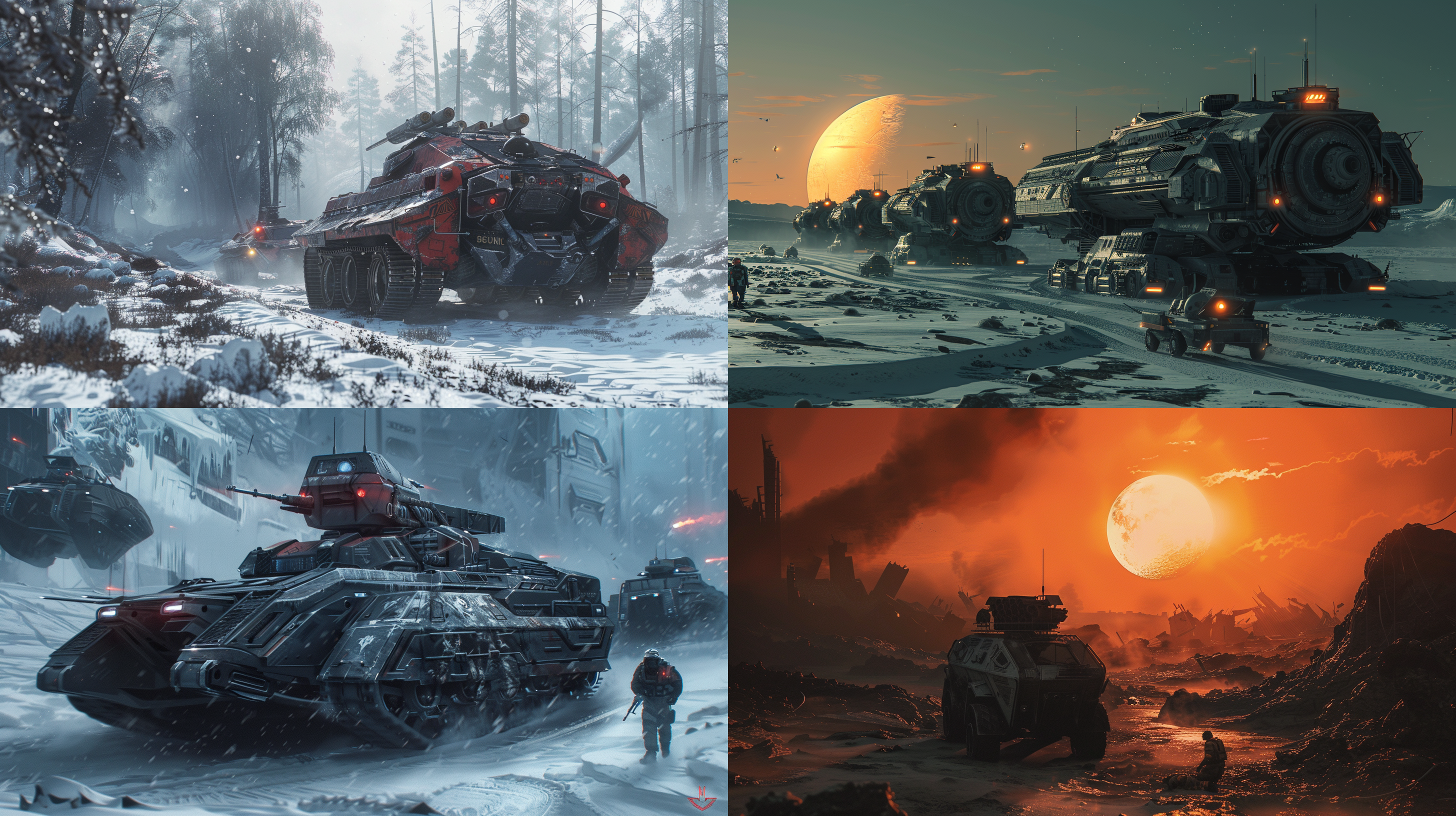 太阳毁灭后的地球，冰冷环境，飞奔未来战车，真实细节，完美质感，电影风格，高清晰度，广角镜头，动态光影，绚丽色彩，紧张氛围。