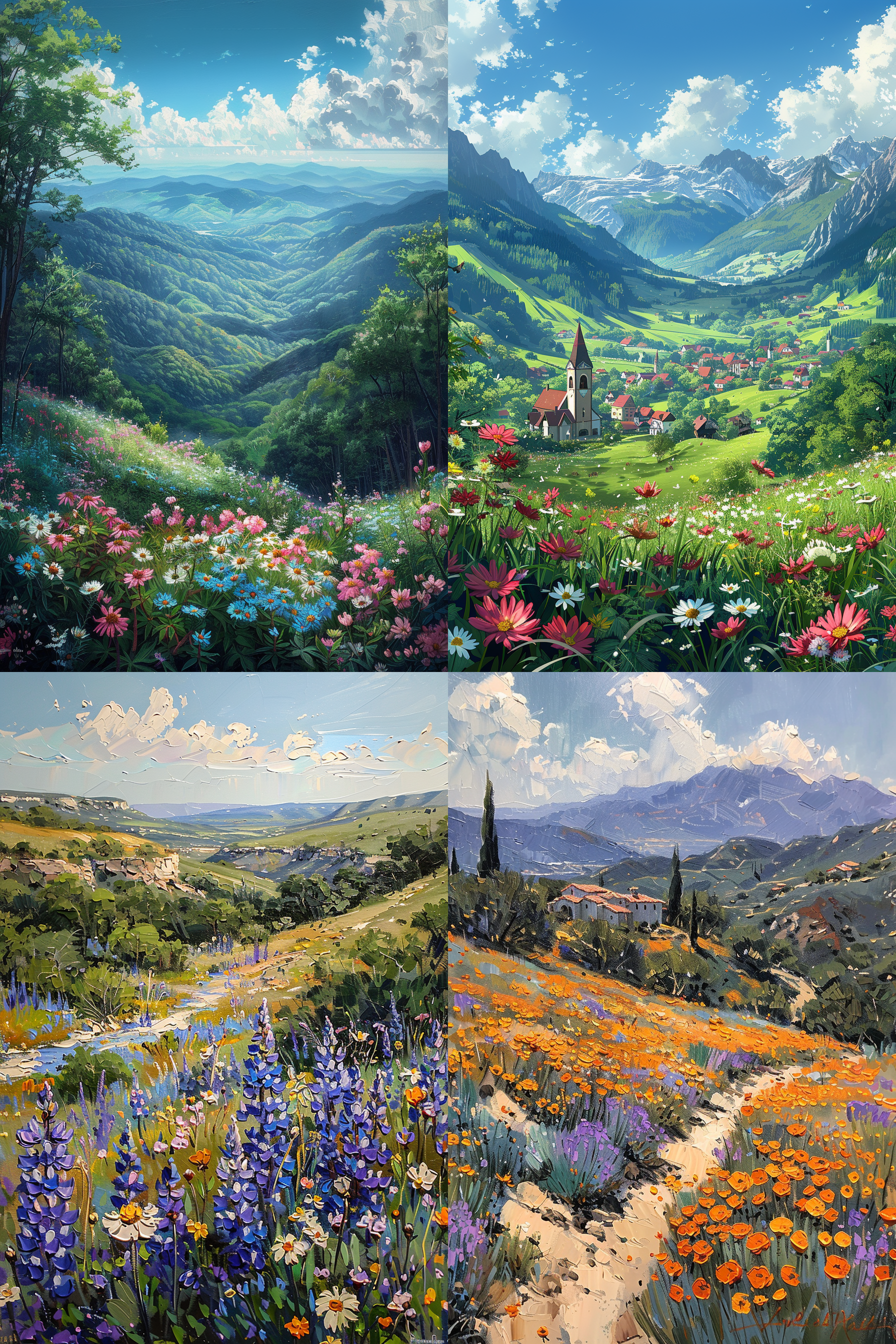 请画一幅盛夏山谷风景油画。雨后，从山谷高处望向远方，满山遍野盛开各种花草，景色优美，山野空阔，色彩丰富，以绿和蓝为主，色温明亮饱和度高，简约美，构图艺术性强，抽象艺术，想象力丰富，细节刻画，精细绘画，色彩厚重渐变，透视感，明暗，景深，超广角画面，画面效果质量兼有专业摄影效果，8k，大师宫崎骏的风格。