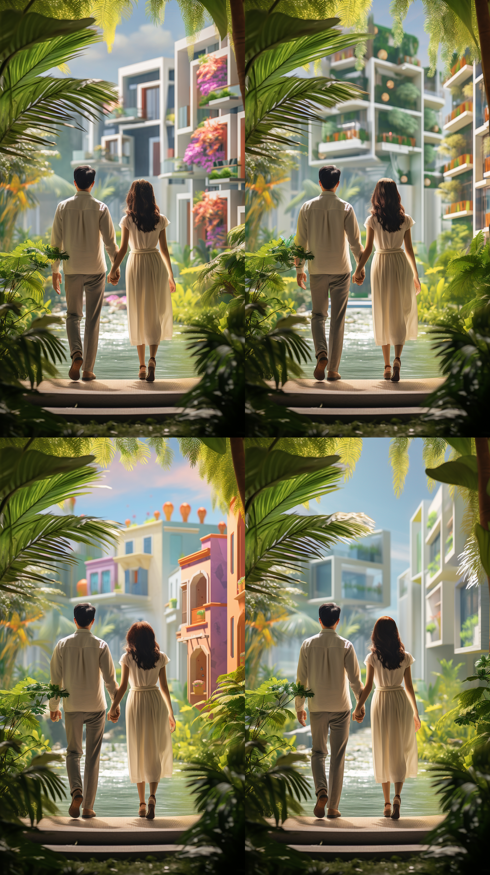 洋房园林美景，520节日，房地产项目，融合节日元素，浪漫氛围，自然光，中焦镜头，情侣手牵手，绿植环绕，甜蜜笑容，温馨色调。