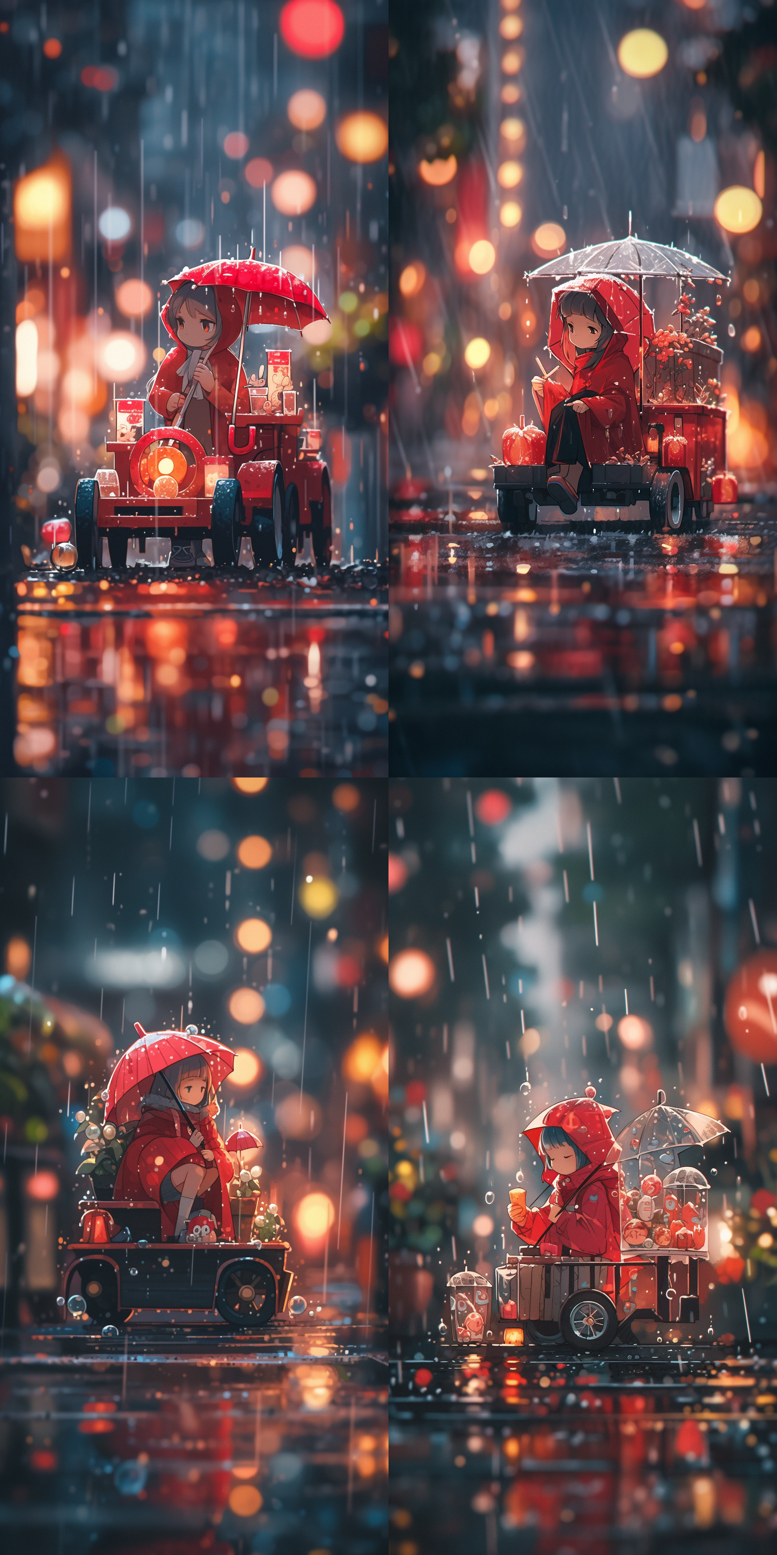 在一个下雨天街道上，一个中国矮肥胖萌娃，身穿全红色的雨衣，脸部胖嘟嘟，脸部表情丰富，骑着玩具小车在街道上骑行，雨点清晰，背景模糊，超高清，8k