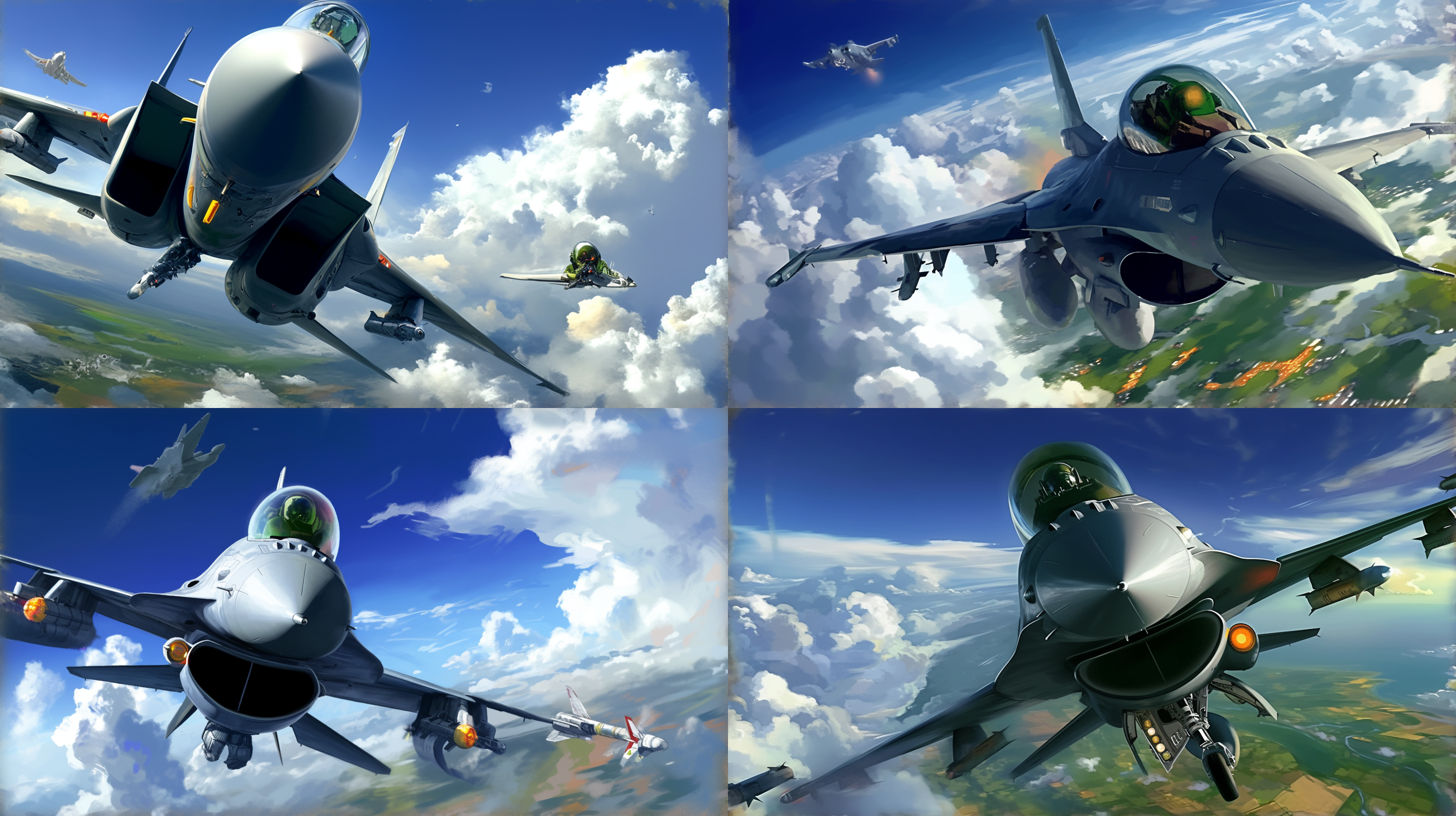 赛博朋克飞行战机，穿越云层，太空中，极端饱和色彩，全景视角，长焦镜头，瞬间动作捕捉，强烈透视，融合科幻与现实，高光对比，震撼情绪。