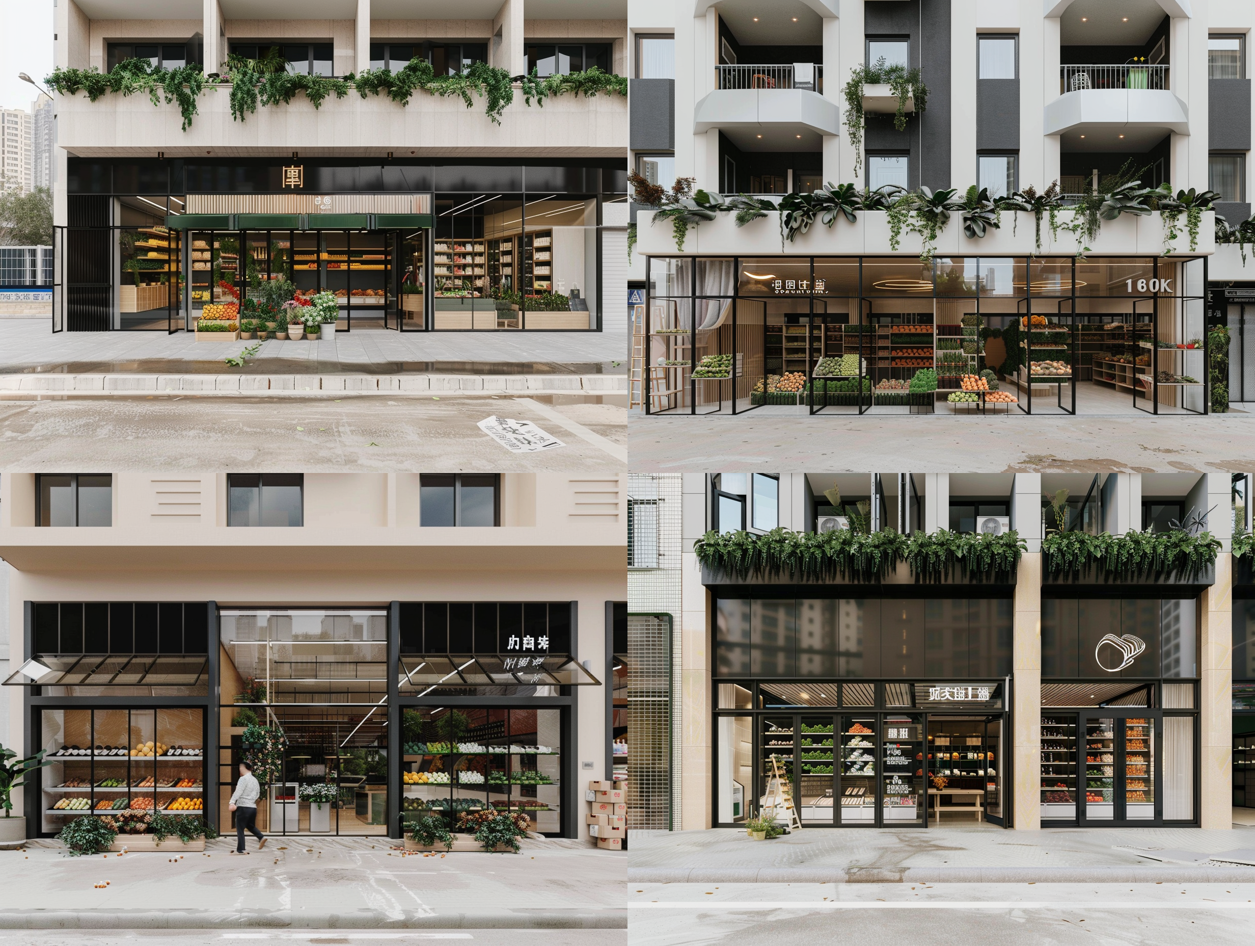 商业街效果图, 轻奢简约, 玻璃外墙, 一排排商铺有水果店, 咖啡店, 便利店, 行人, 高端, no character,自然光, 16k, 超高细节，高清拍摄, 广角镜头