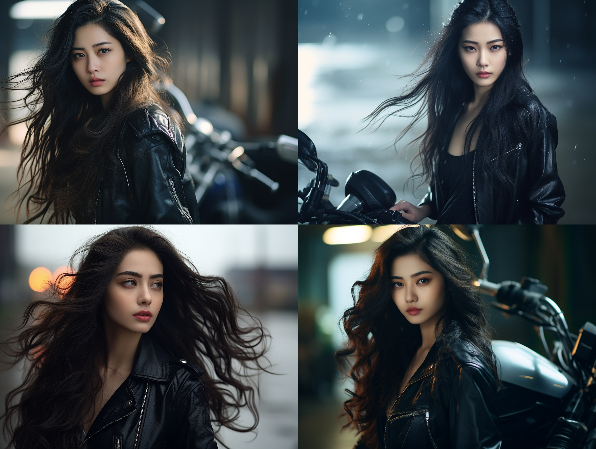人像摄影，侧视半身照，远景/景浅，美丽的中国女人，看着观众，长发飘逸，清澈如水的眼睛，冷艳的表情：：站在没有车牌的黑色装甲摩托车前，纯净美丽，优雅时尚，轮廊光，单反